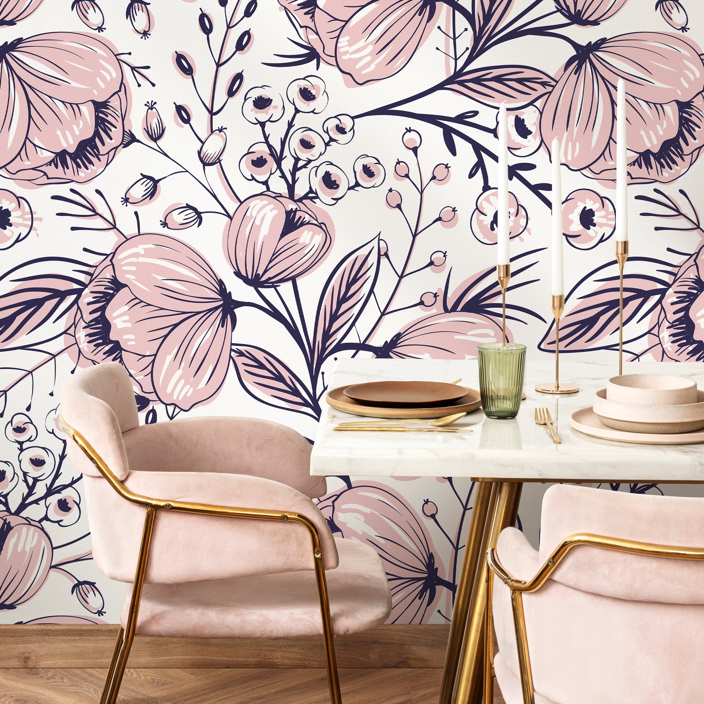Floral Wallpaper Featuring Stylized Hand-drawn Blooms In Pink And Navy Blue - A691