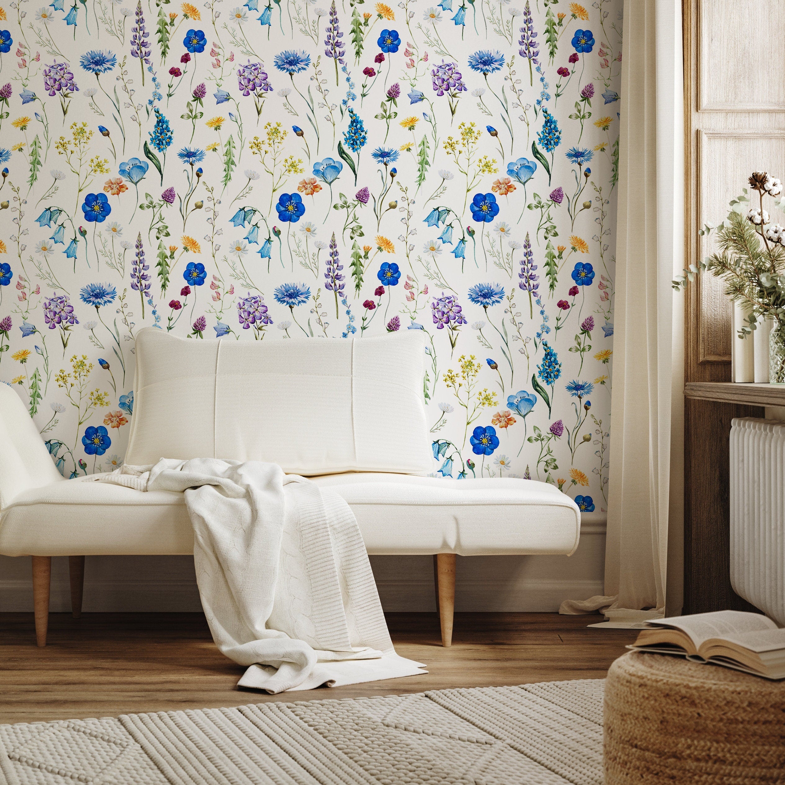 Floral Wallpaper With Watercolor Wildflowers In Blue, Purple, And Yellow - A694