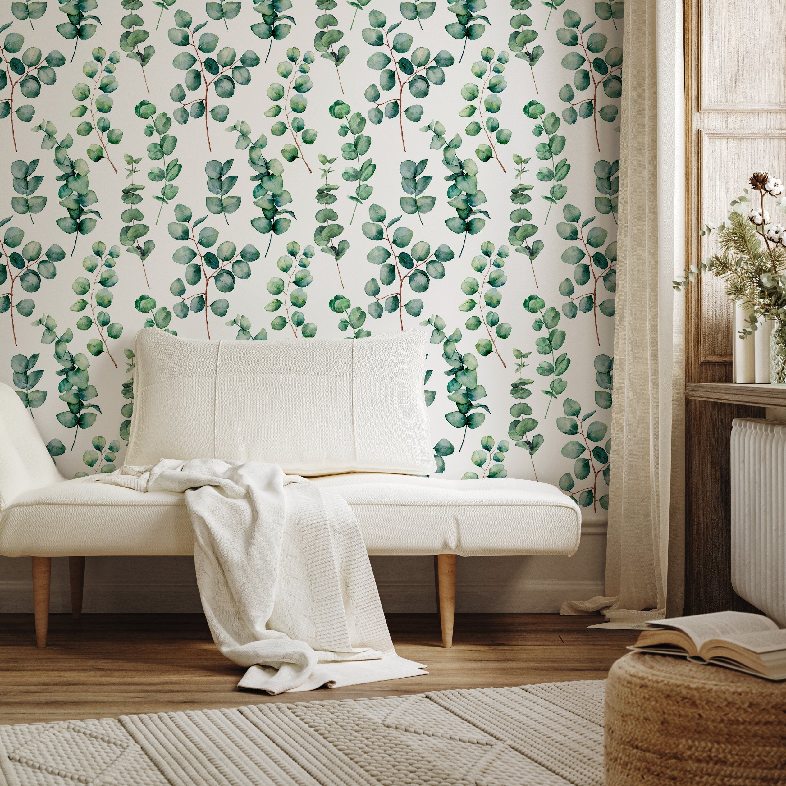 Botanical Wallpaper With A Watercolor Eucalyptus Motif In Green And Brown - A710