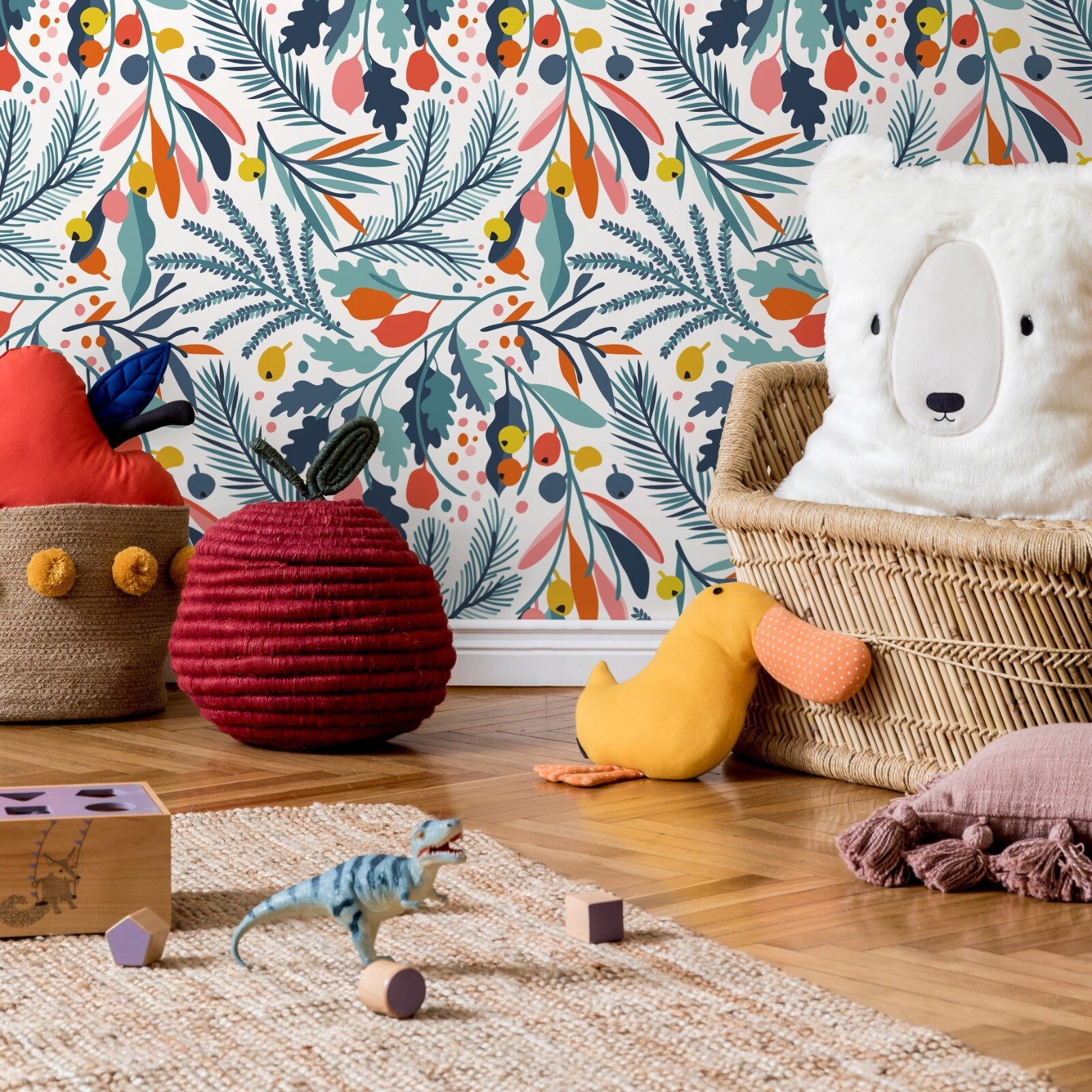 Botanical Wallpaper With Colorful Leaves And Berries In Blue, Orange, And Pink - A713