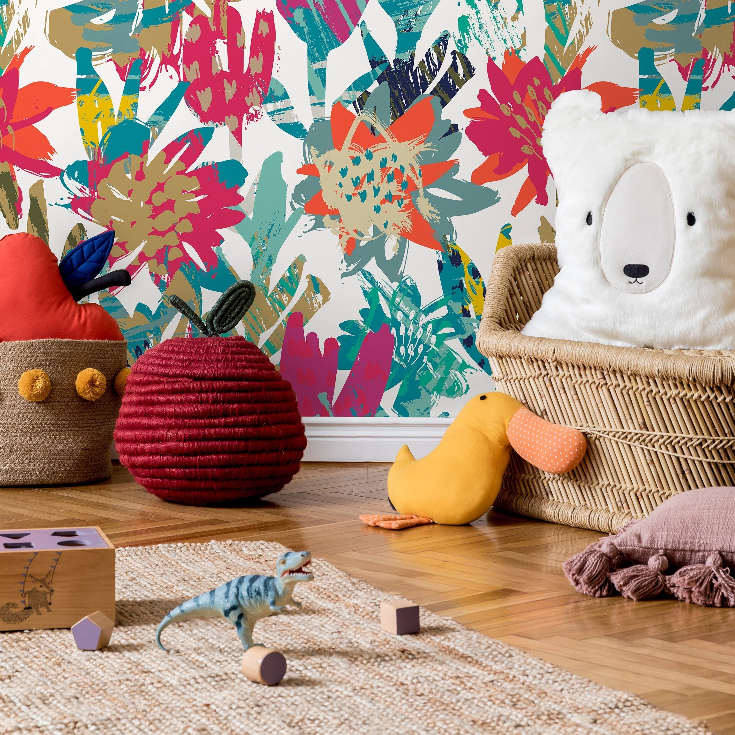 Abstract Wallpaper With Bold Brushstroke Flowers In Pink, Teal, And Yellow - A717