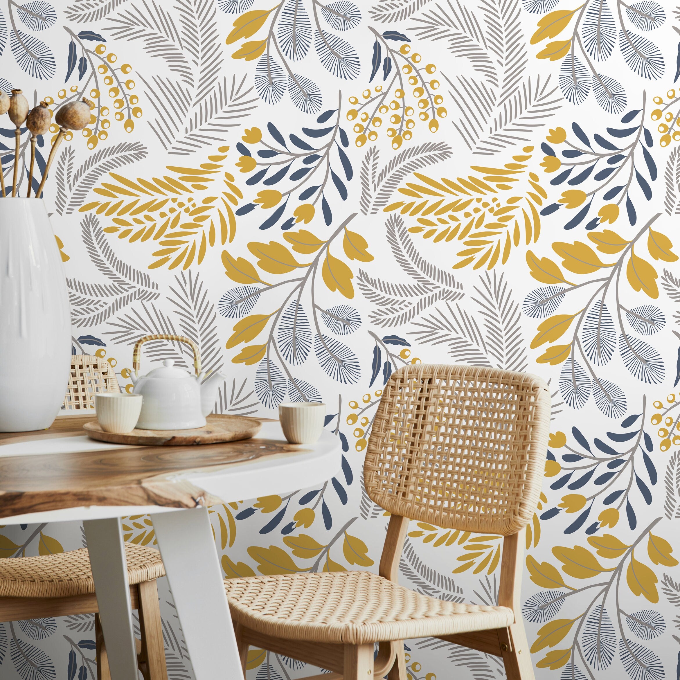Botanical Wallpaper With Stylized Ferns And Leaves In Yellow, Blue, And Gray - A722