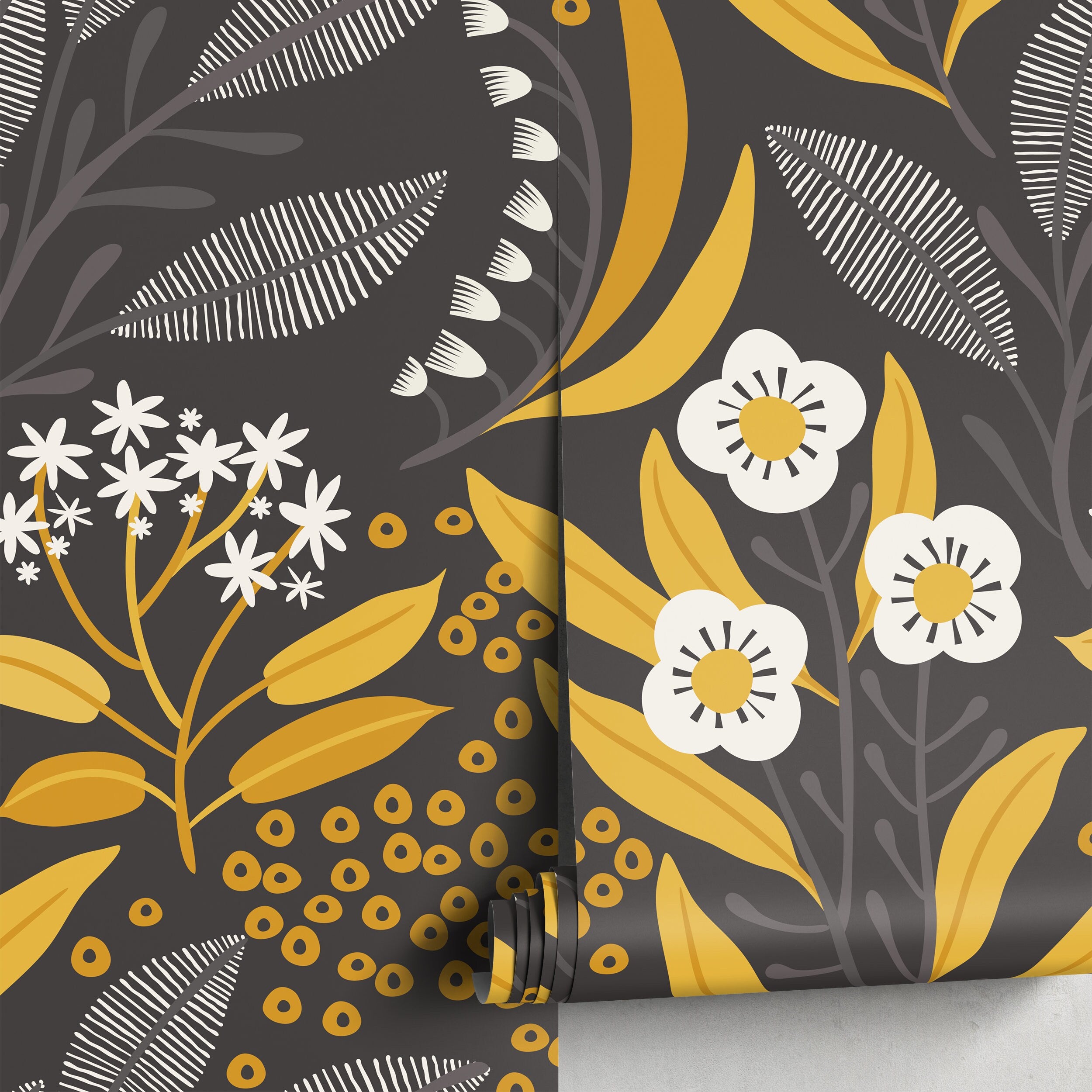 Floral Wallpaper With A Scandinavian Folk Art Motif In Yellow, White, And Grey - A723