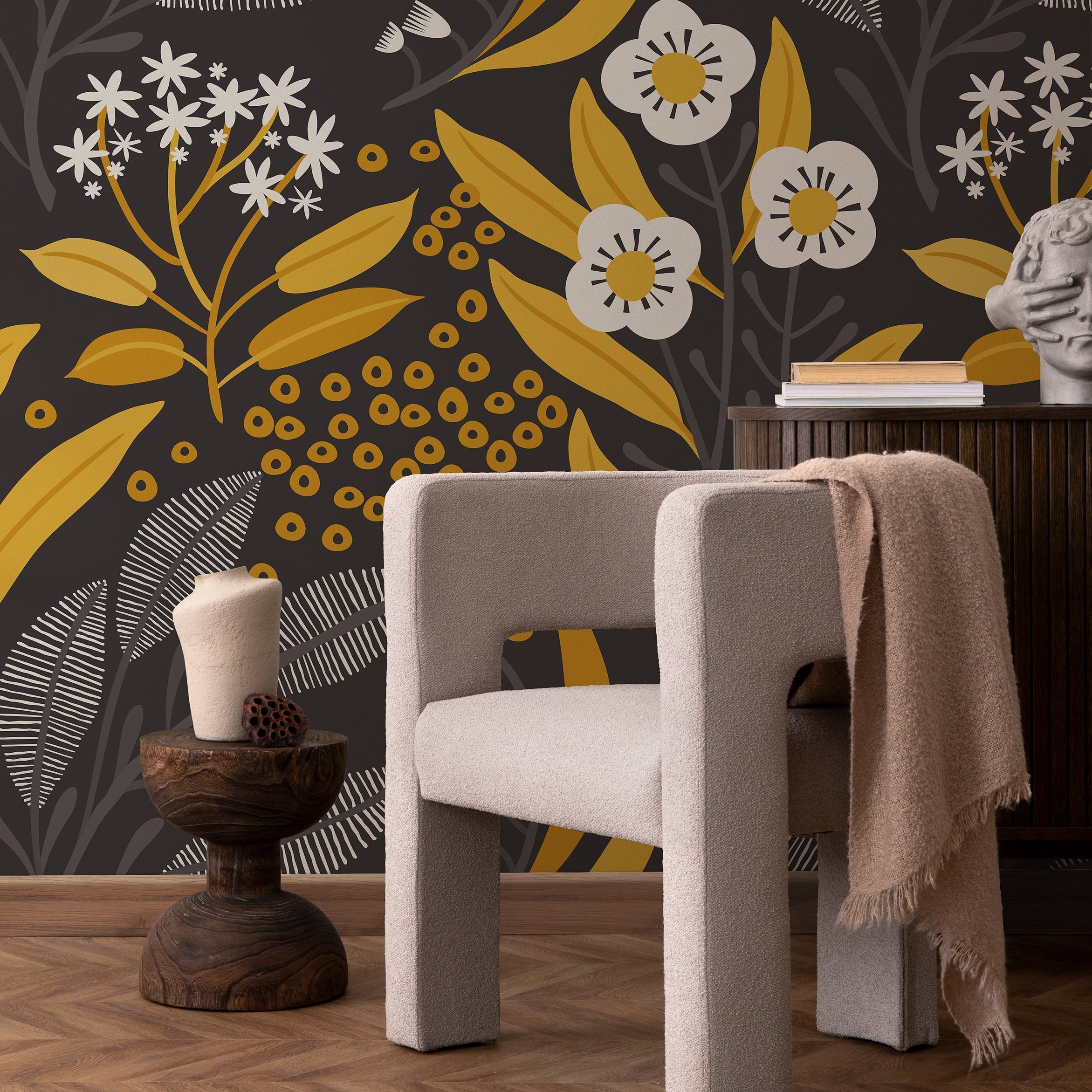 Floral Wallpaper With A Scandinavian Folk Art Motif In Yellow, White, And Grey - A723
