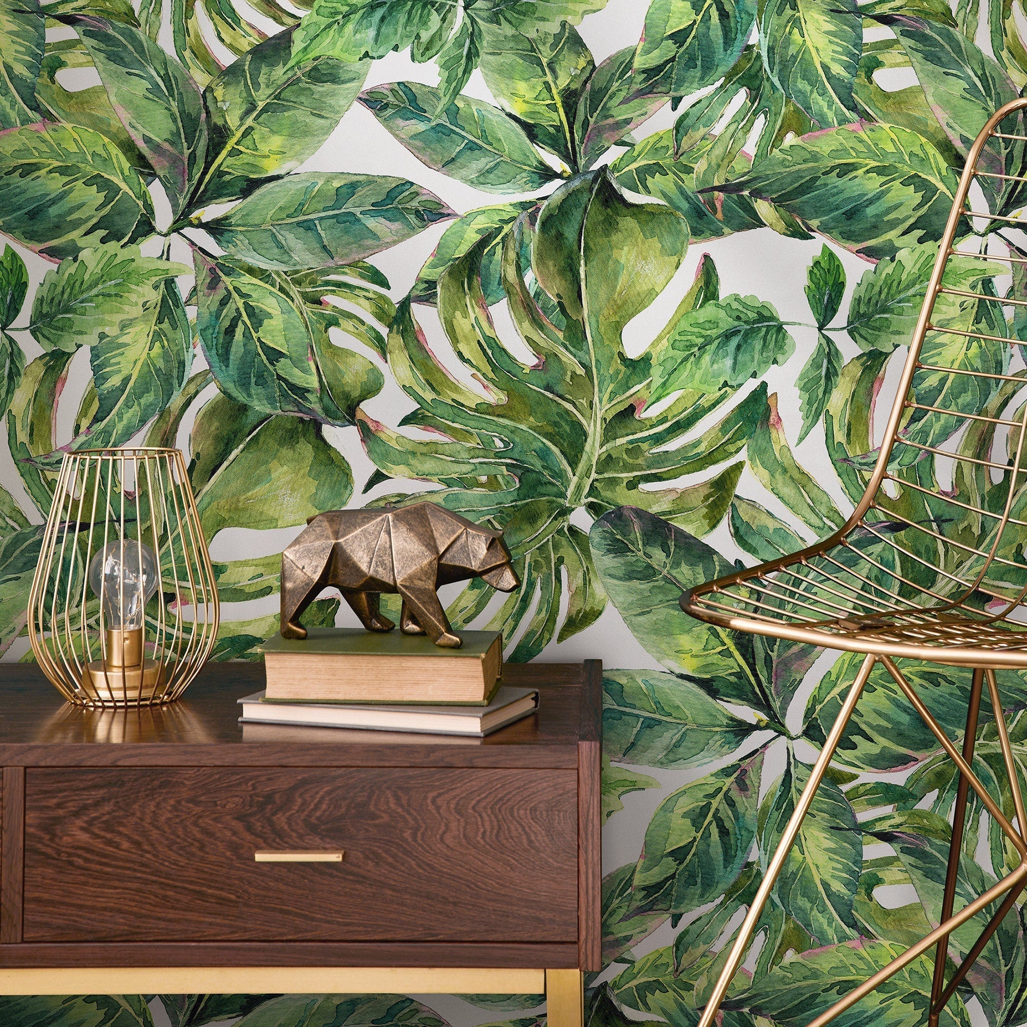 Tropical Wallpaper Featuring Lush Monstera Leaves In Green - A734