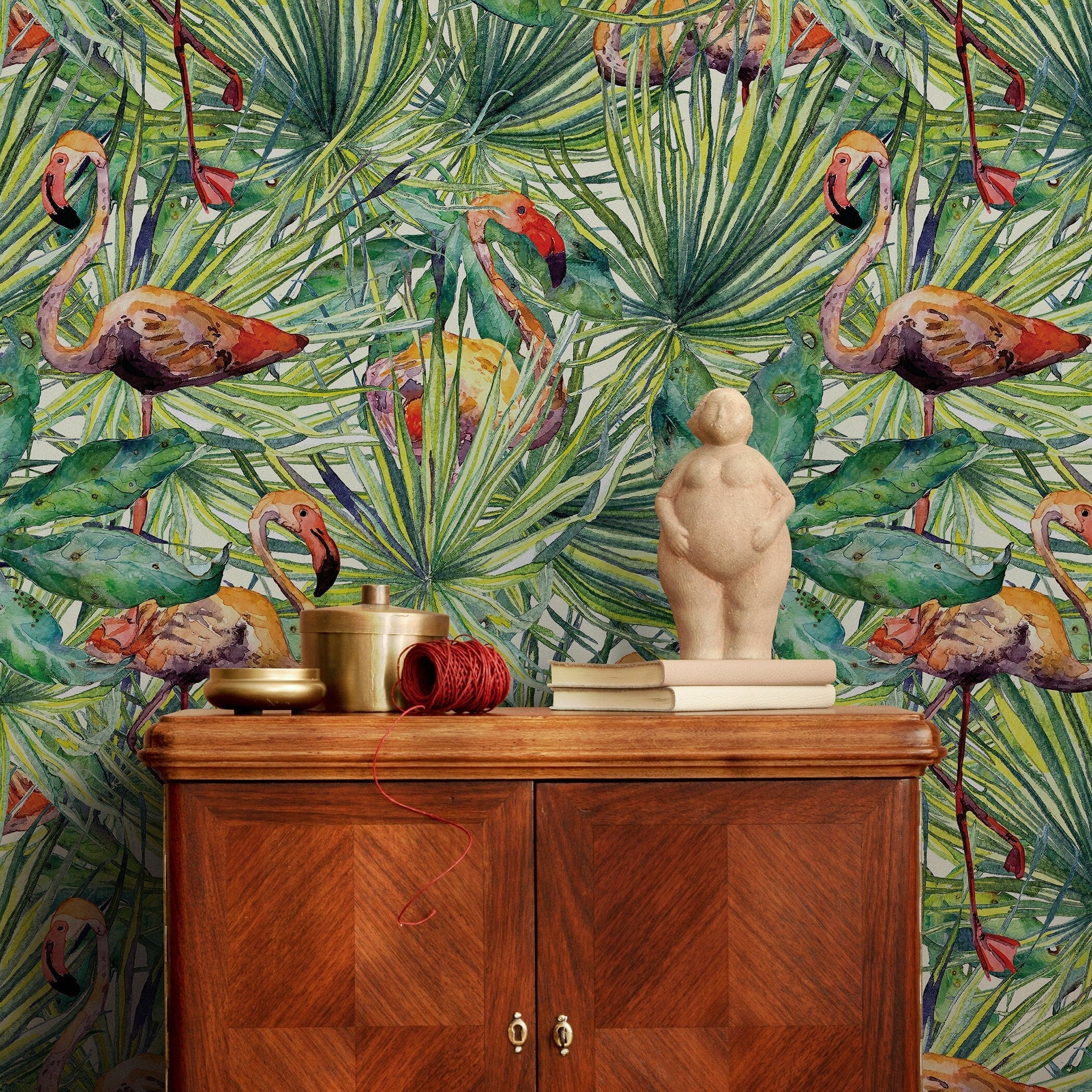Tropical Wallpaper With Watercolor Flamingos In Green And Pink - A747
