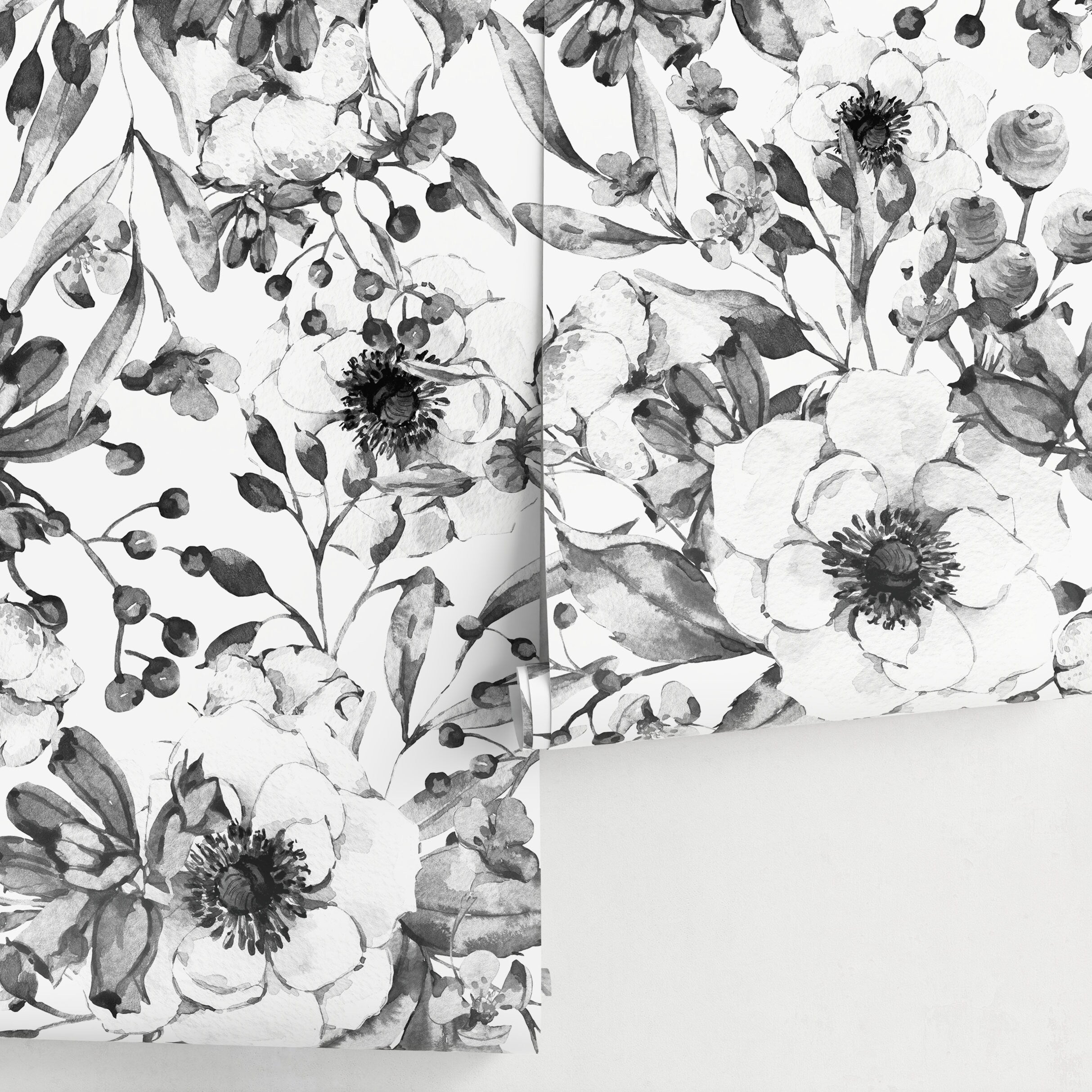 Floral Wallpaper With A Watercolor Anemone Motif In Black And White - A752