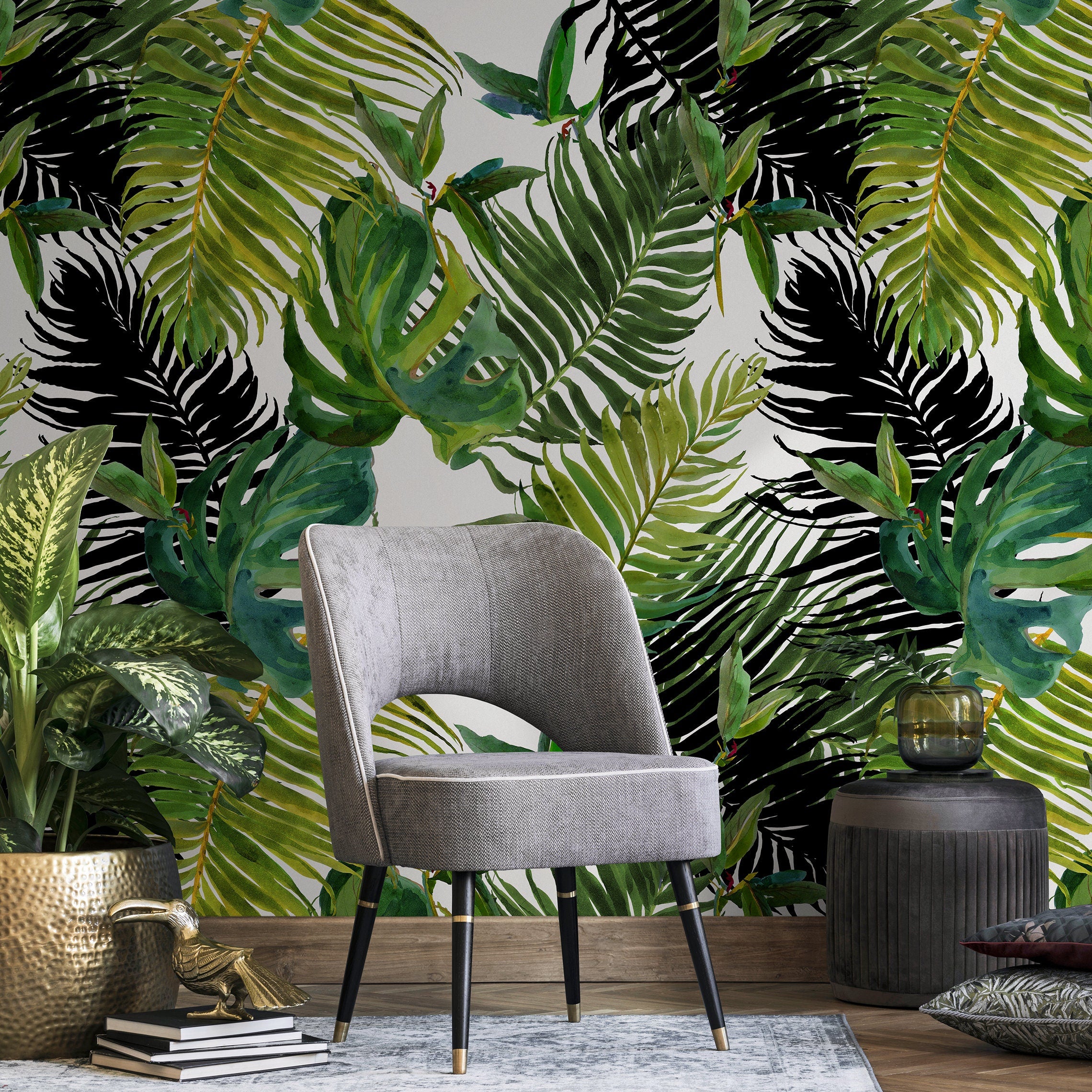 Tropical Wallpaper With Watercolor Palm Leaves In Green And Black - A767