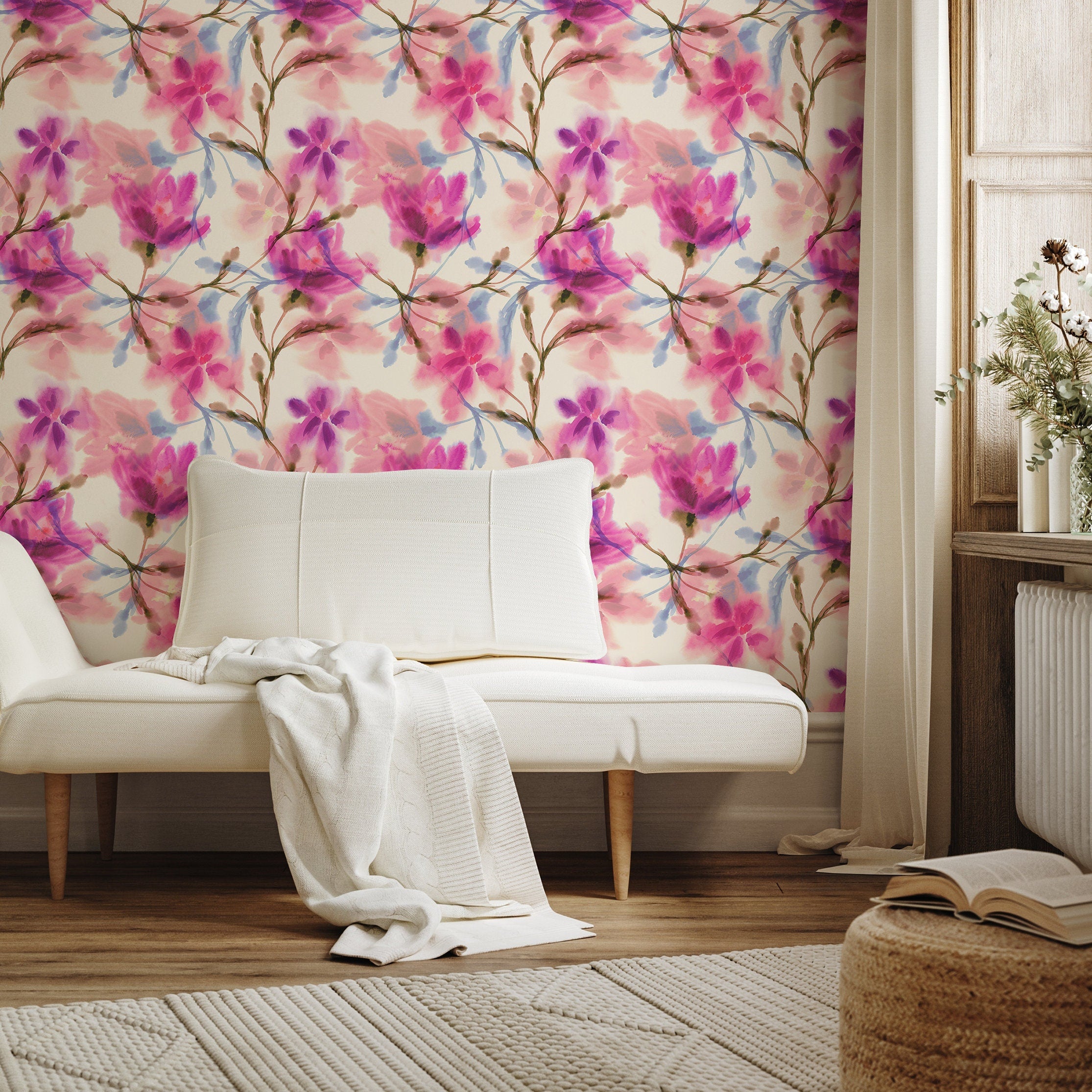 Floral Wallpaper With A Watercolor Motif In Pink, Magenta, And Blue - A030
