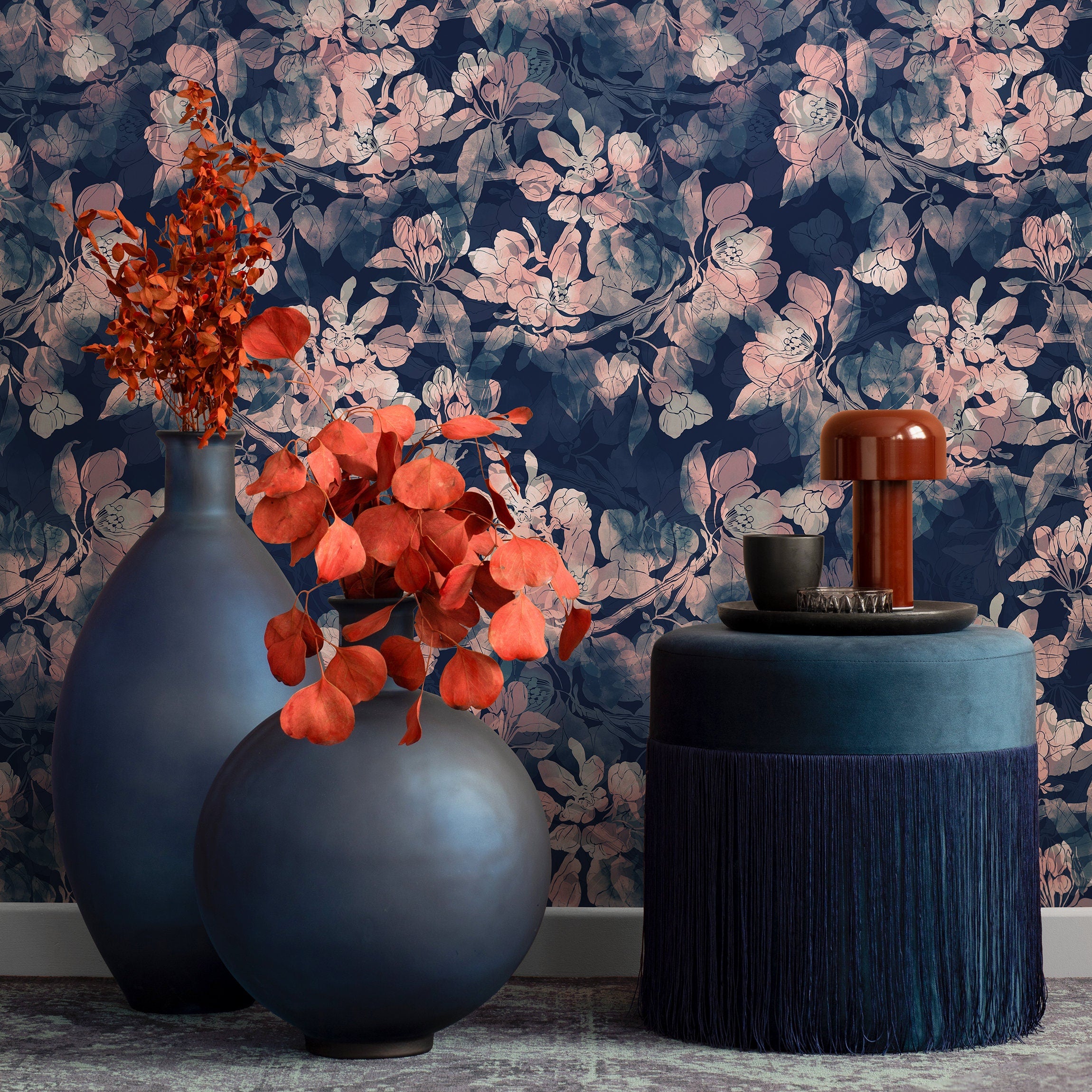 Floral Wallpaper With A Moody Blossom Motif In Navy Blue And Pink - A033