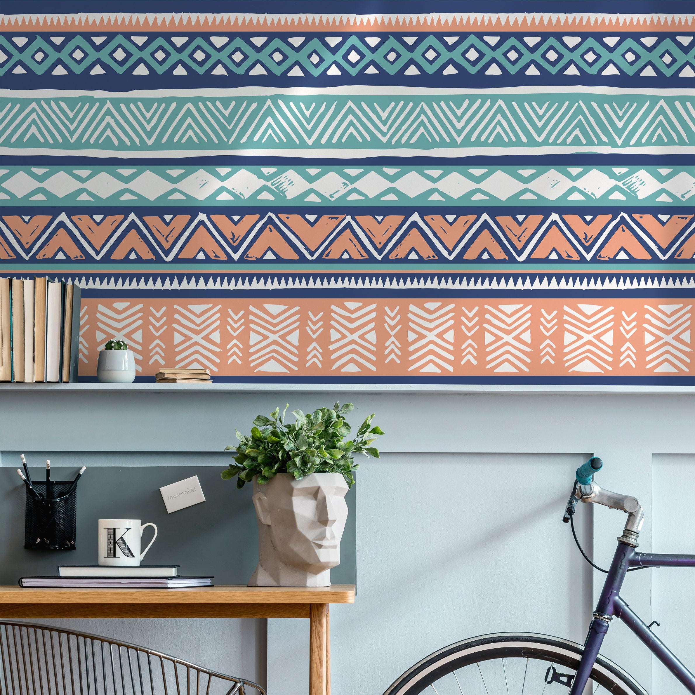 Tribal Wallpaper With Ethnic Geometric Stripes In Blue, Terracotta, And Teal - A818