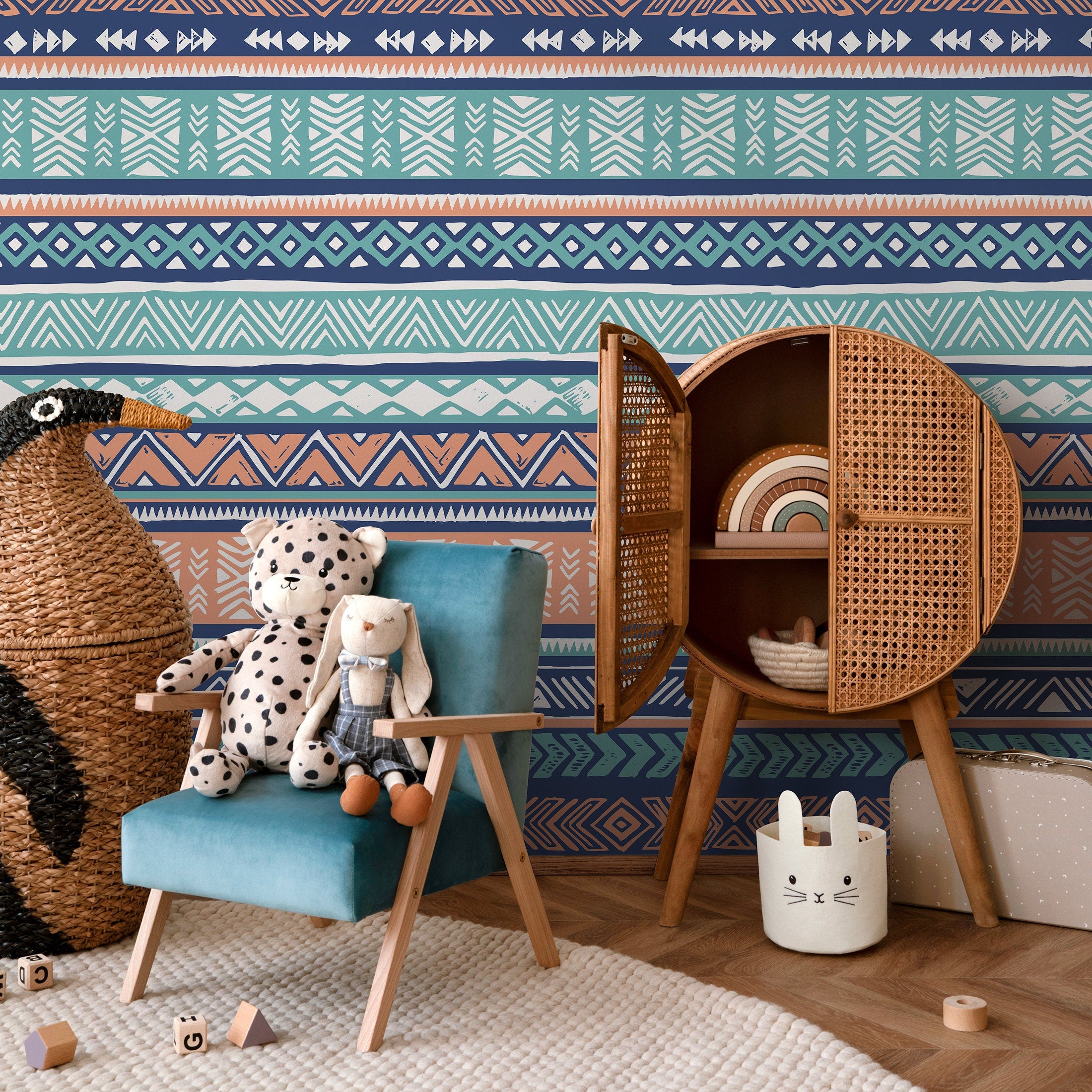 Tribal Wallpaper With Ethnic Geometric Stripes In Blue, Terracotta, And Teal - A818