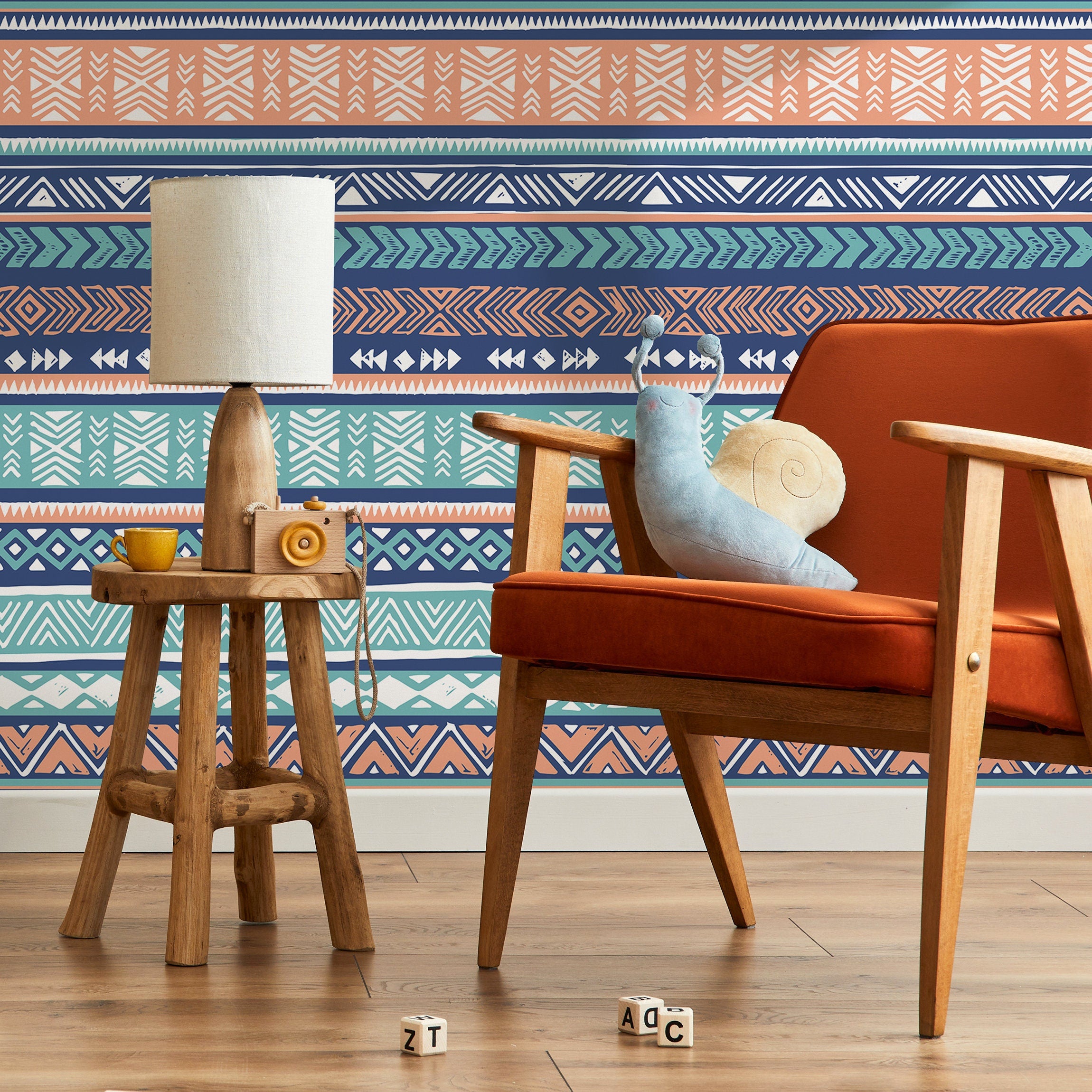 Tribal Wallpaper With Ethnic Geometric Stripes In Blue, Terracotta, And Teal - A818