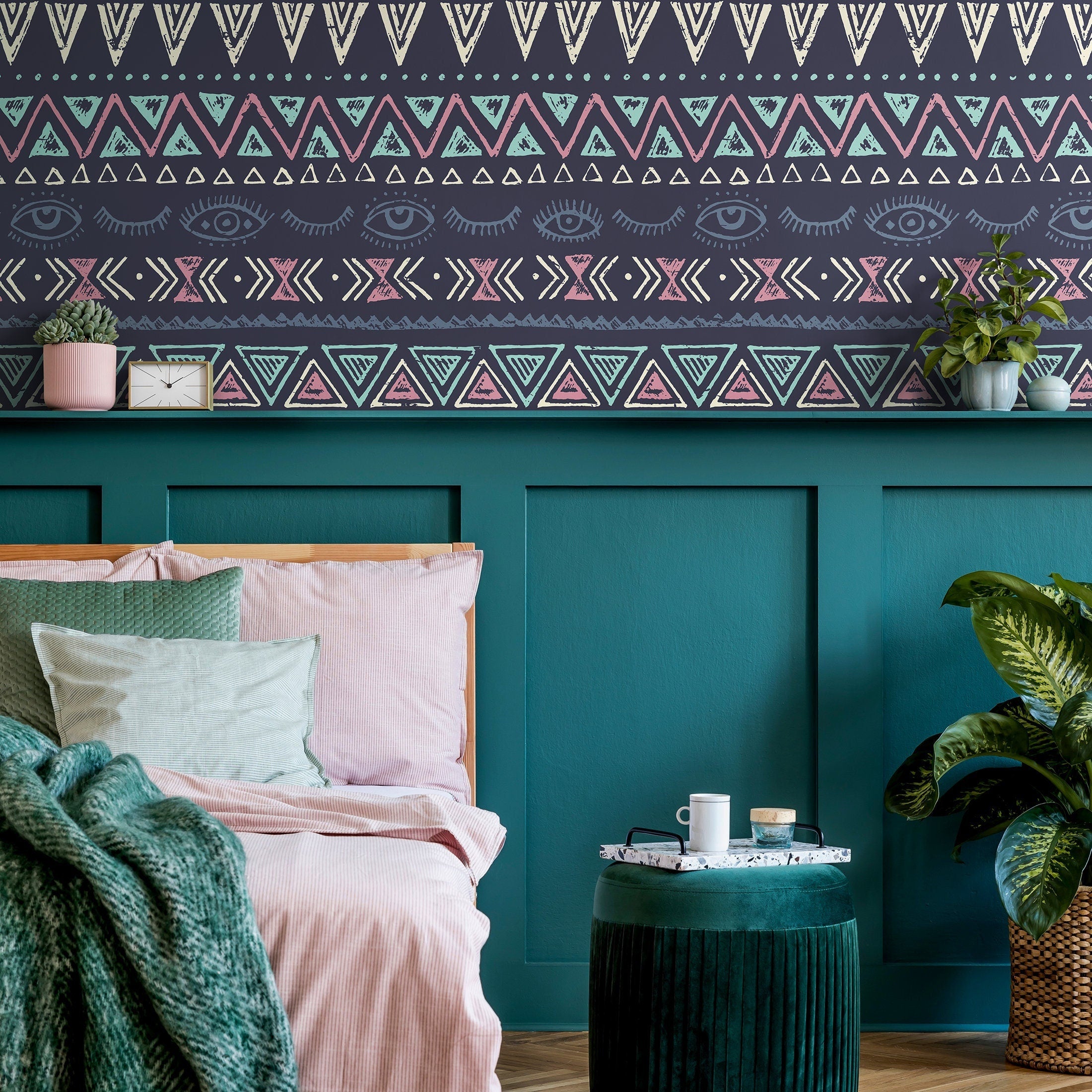 Bohemian Wallpaper With Tribal Eye Motifs In Navy, Pink, And Teal - A820