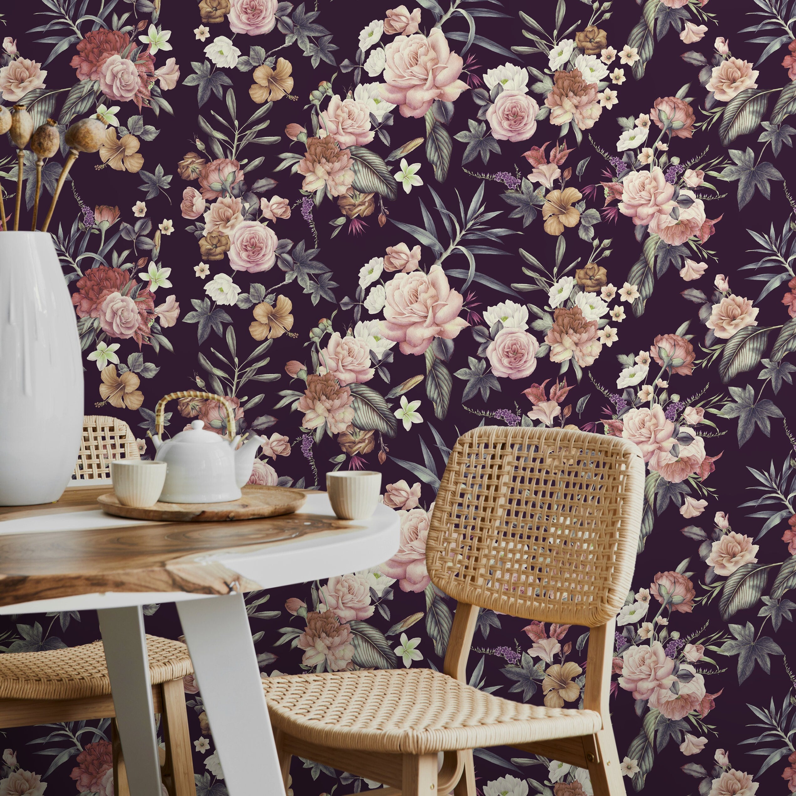 Floral Wallpaper With A Vintage Bouquet In Purple, Pink, And Red - A037