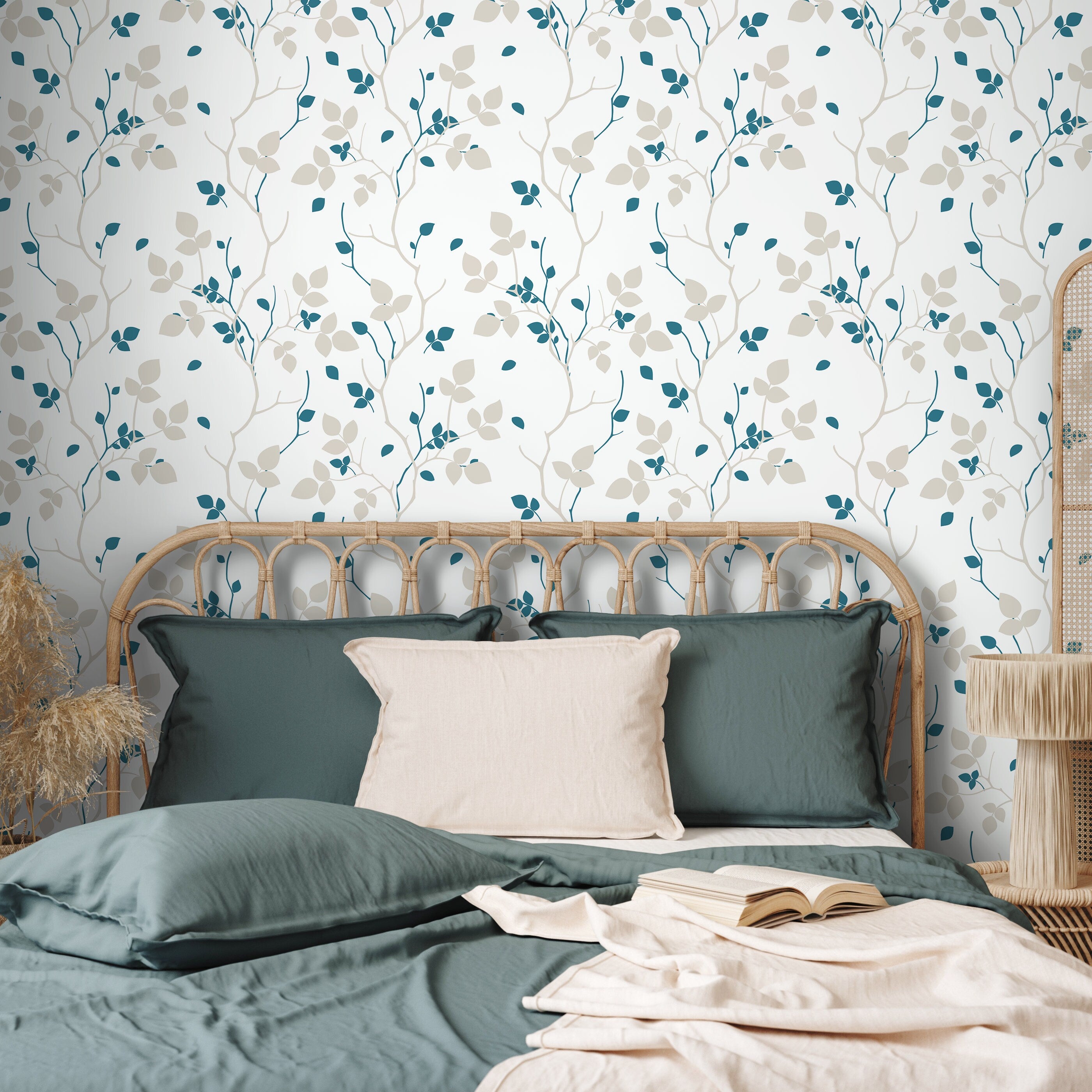 Botanical Wallpaper With Delicate Leafy Vines In Teal And Beige - A040