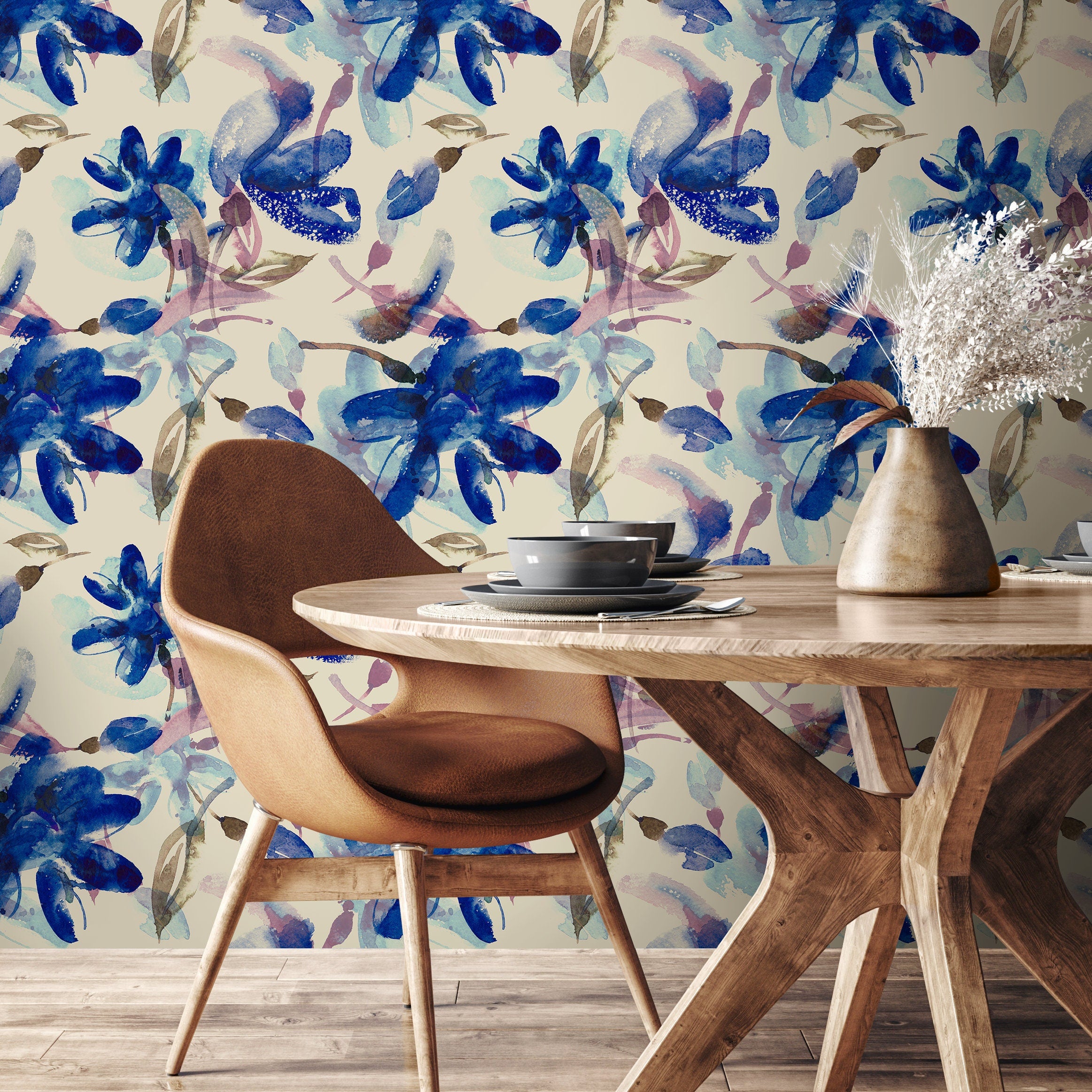 Floral Wallpaper With An Abstract Watercolor Style In Blue And Purple - A046