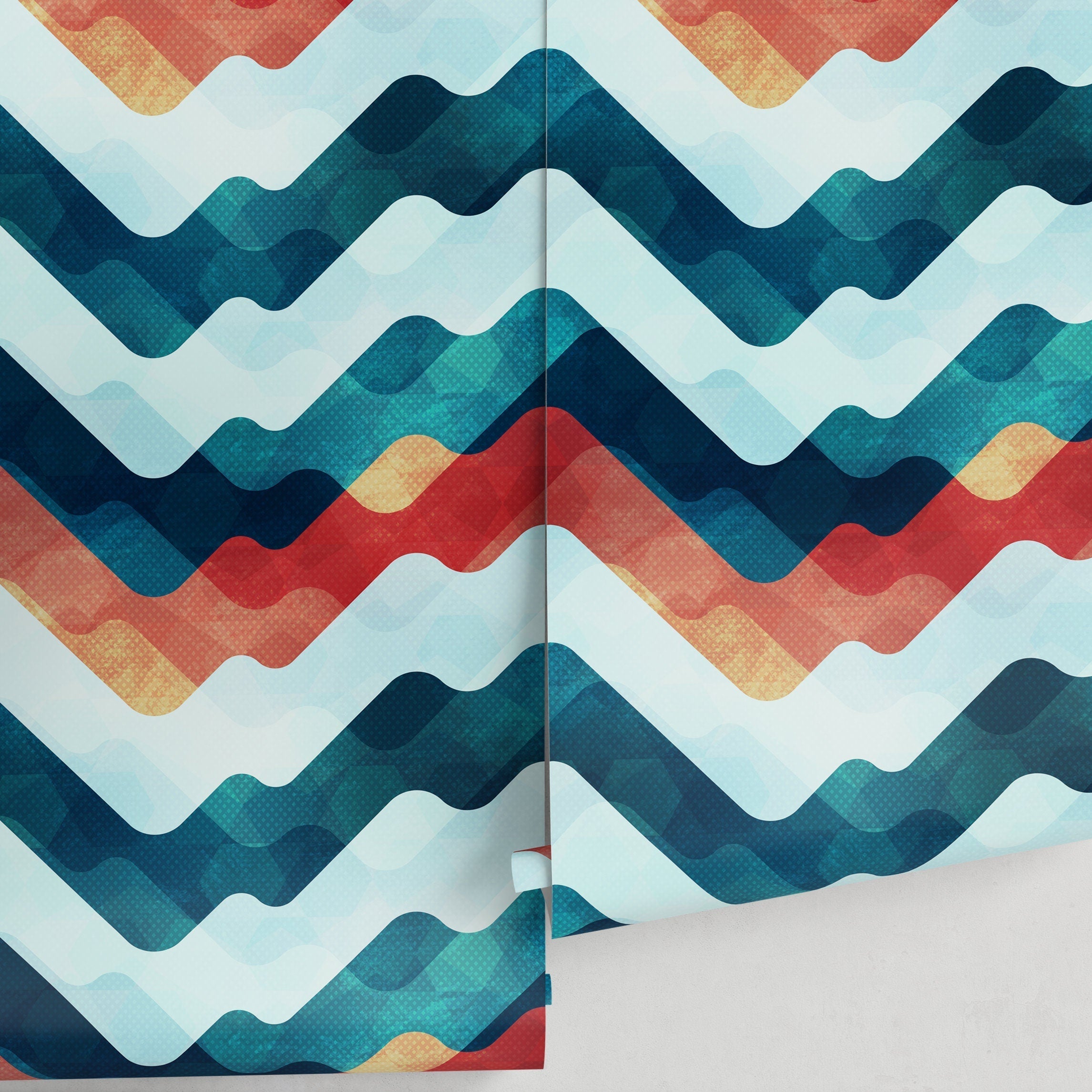 Abstract Wallpaper With A Wavy Mountain Motif In Teal, Red, And Yellow - A054