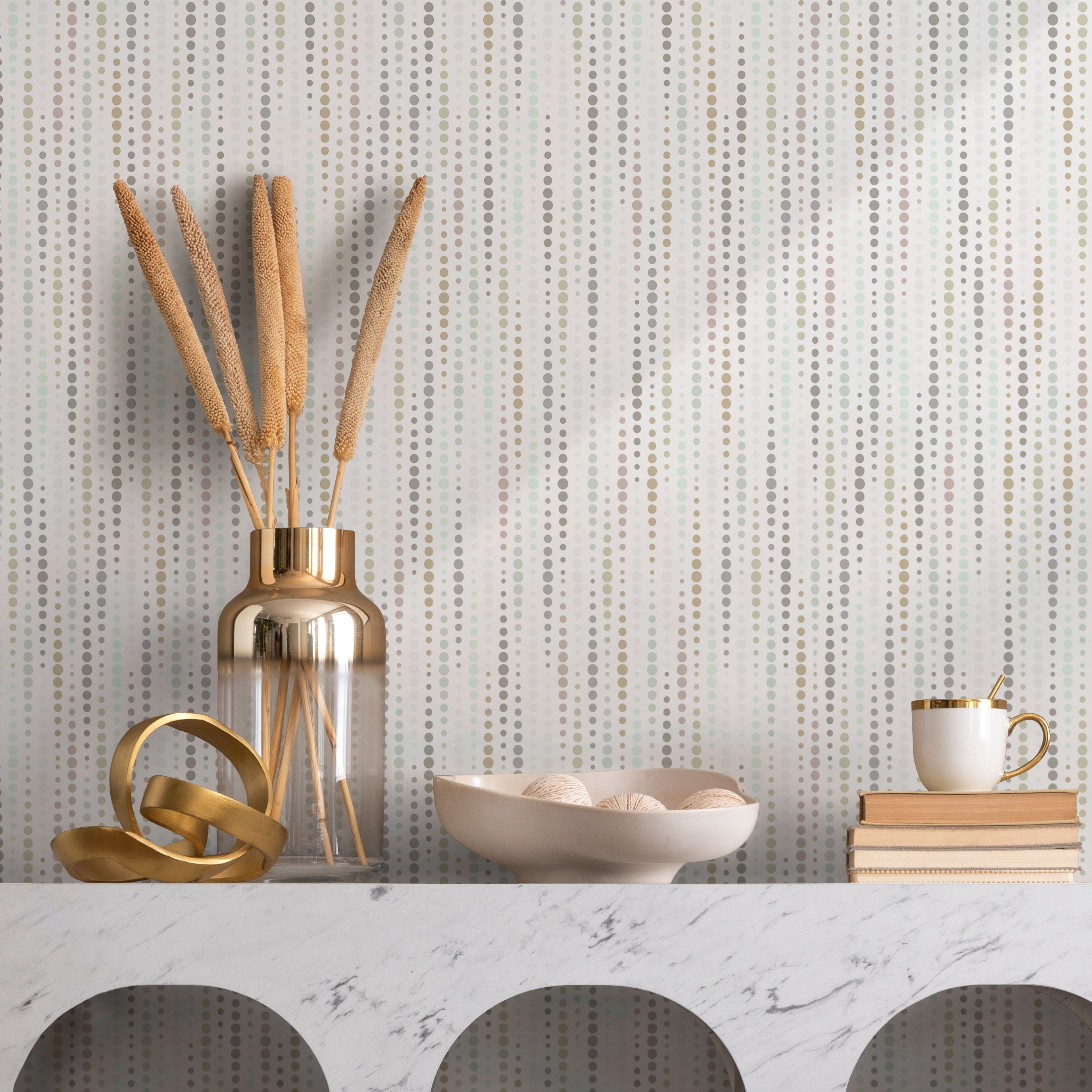 Abstract Wallpaper With Cascading Dots In Gray, Green, And Taupe - A057