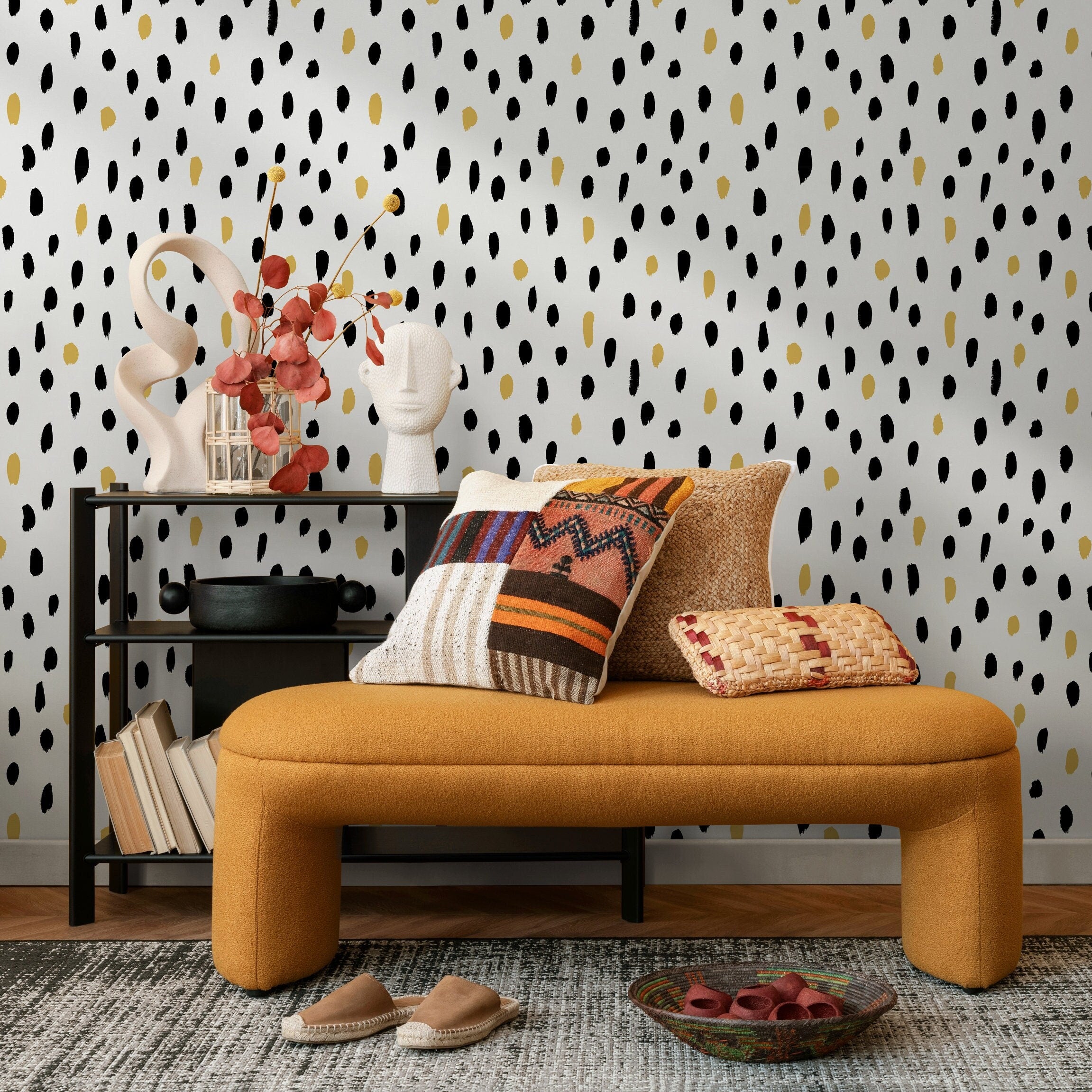 Abstract Wallpaper With Irregular Brush Strokes In Black And Yellow - A059