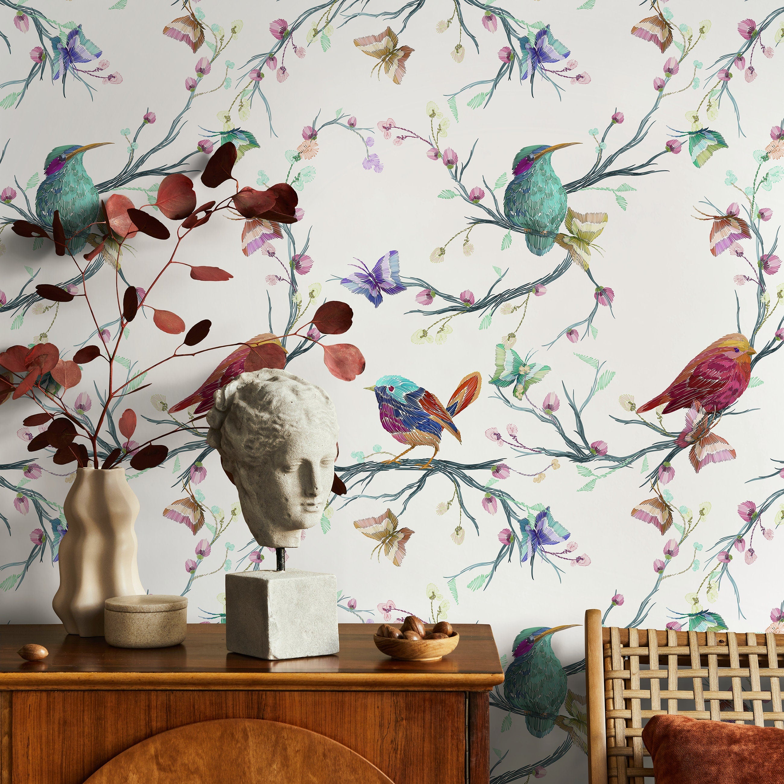 Animal Wallpaper With An Embroidered Bird Motif In Teal, Pink, And Purple - A061