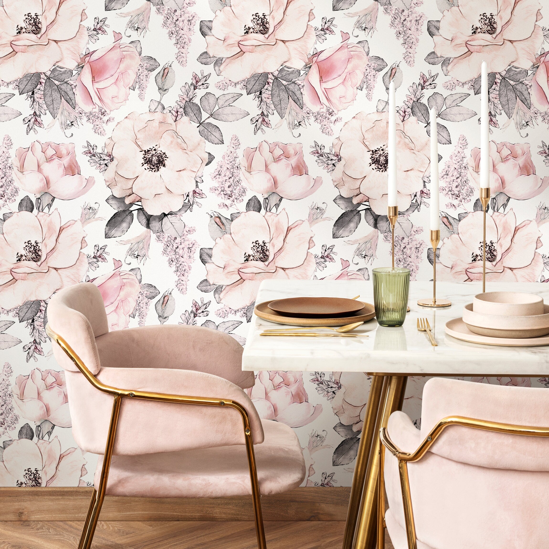 Floral Wallpaper Featuring Sketched Roses In Pink And Gray - A068