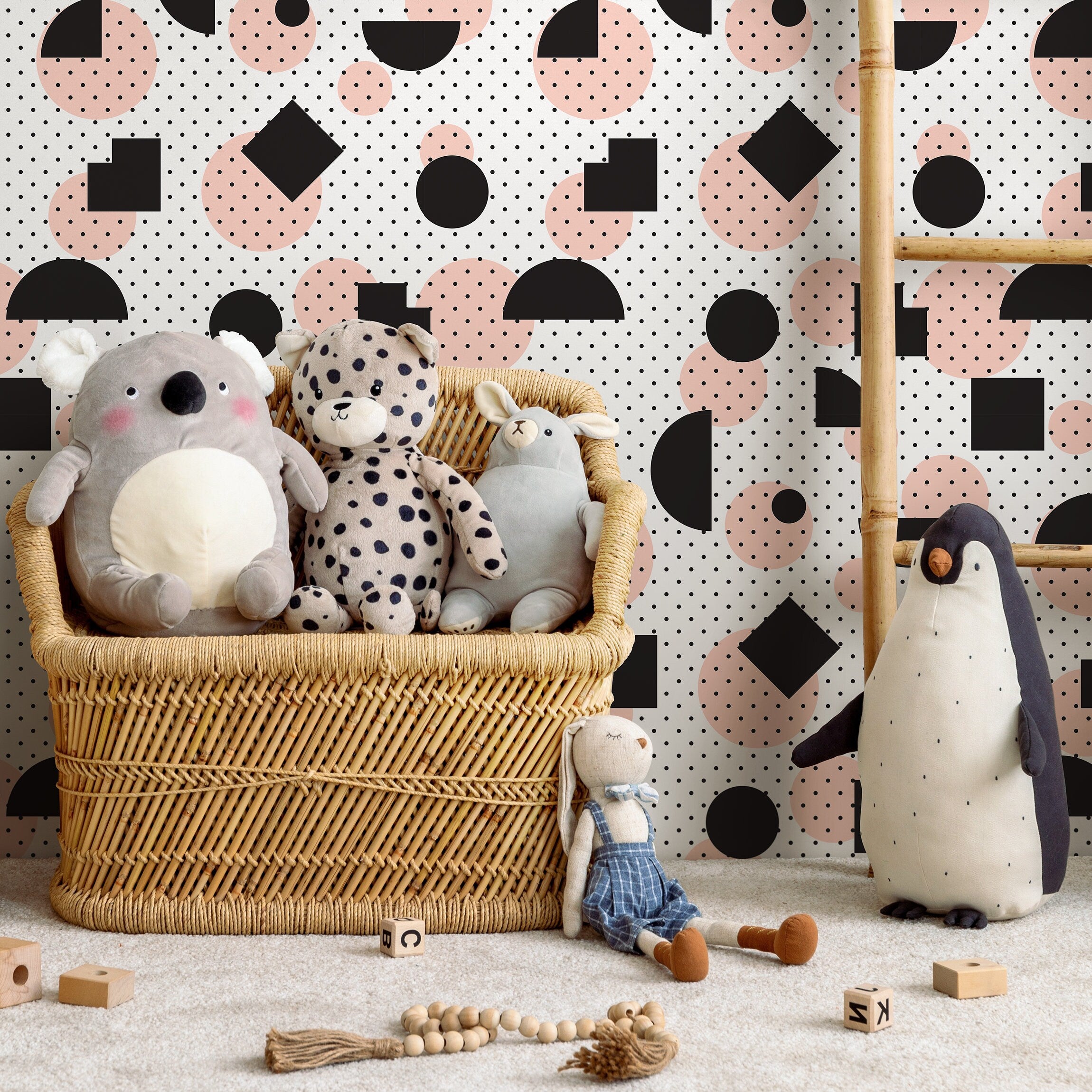 Geometric Wallpaper With Abstract Shapes And Polka Dots In Black And Pink - A075
