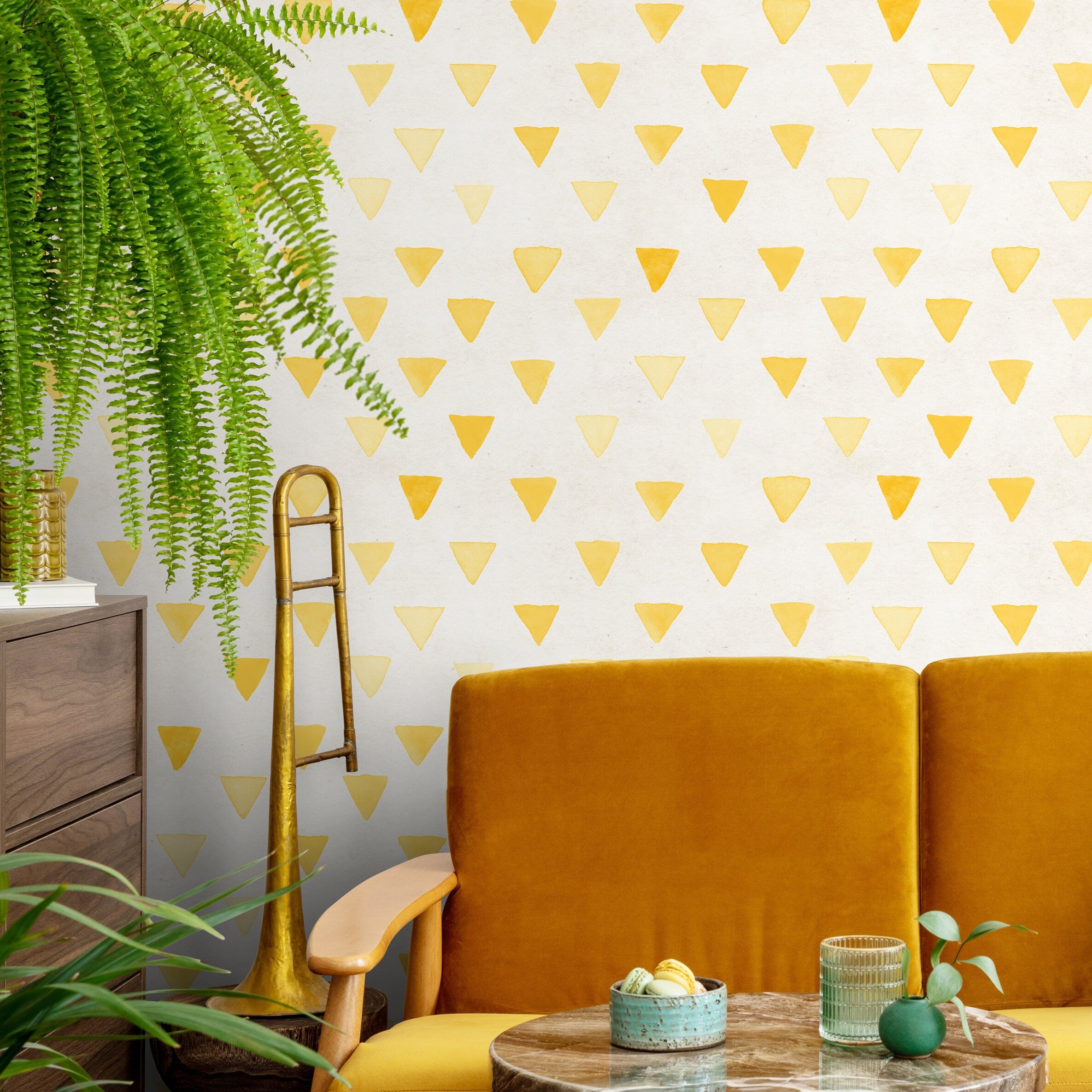 Geometric Wallpaper With A Watercolor Triangle Motif In Yellow - A076
