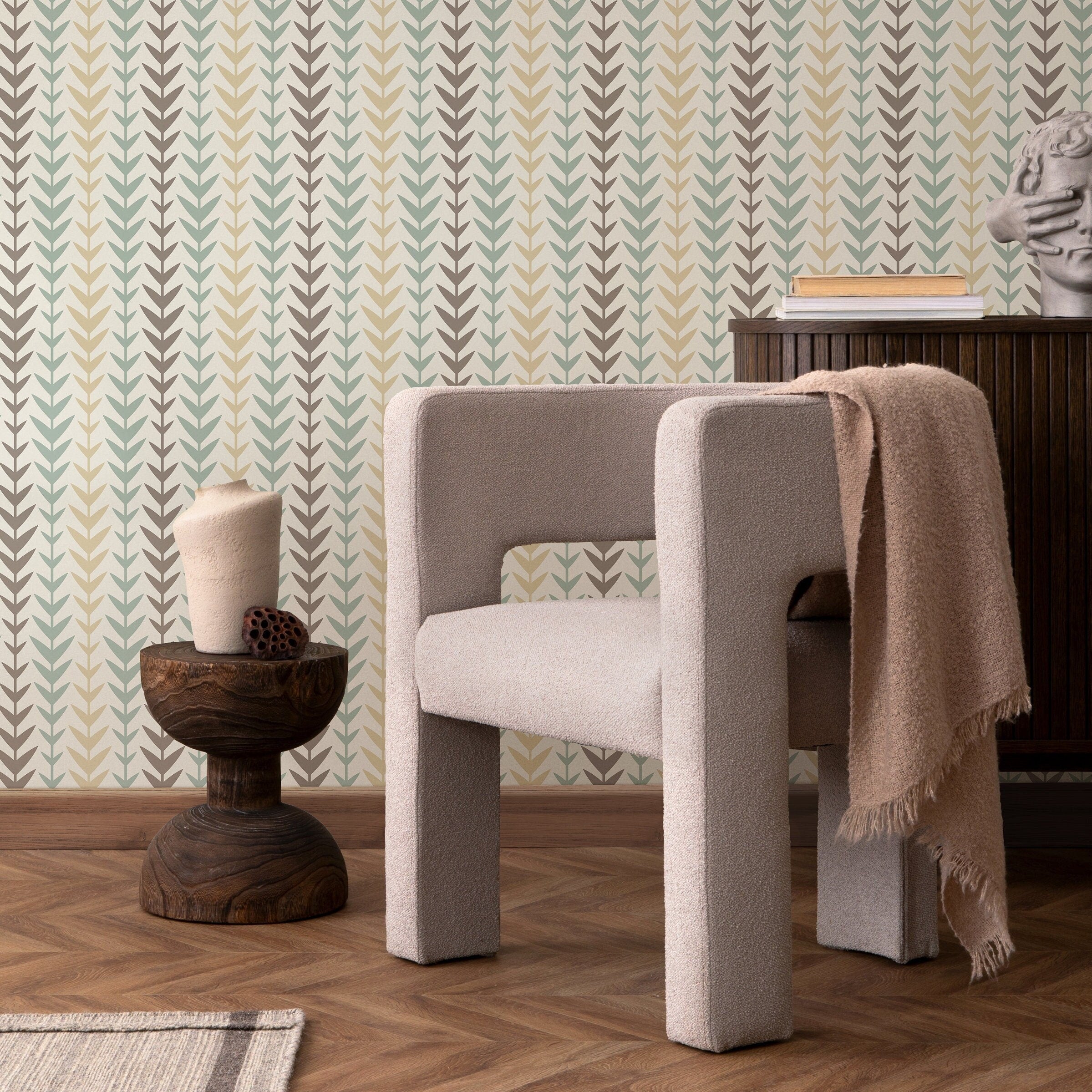 Geometric Wallpaper With A Leaf Motif In Green, Brown, And Beige - A079