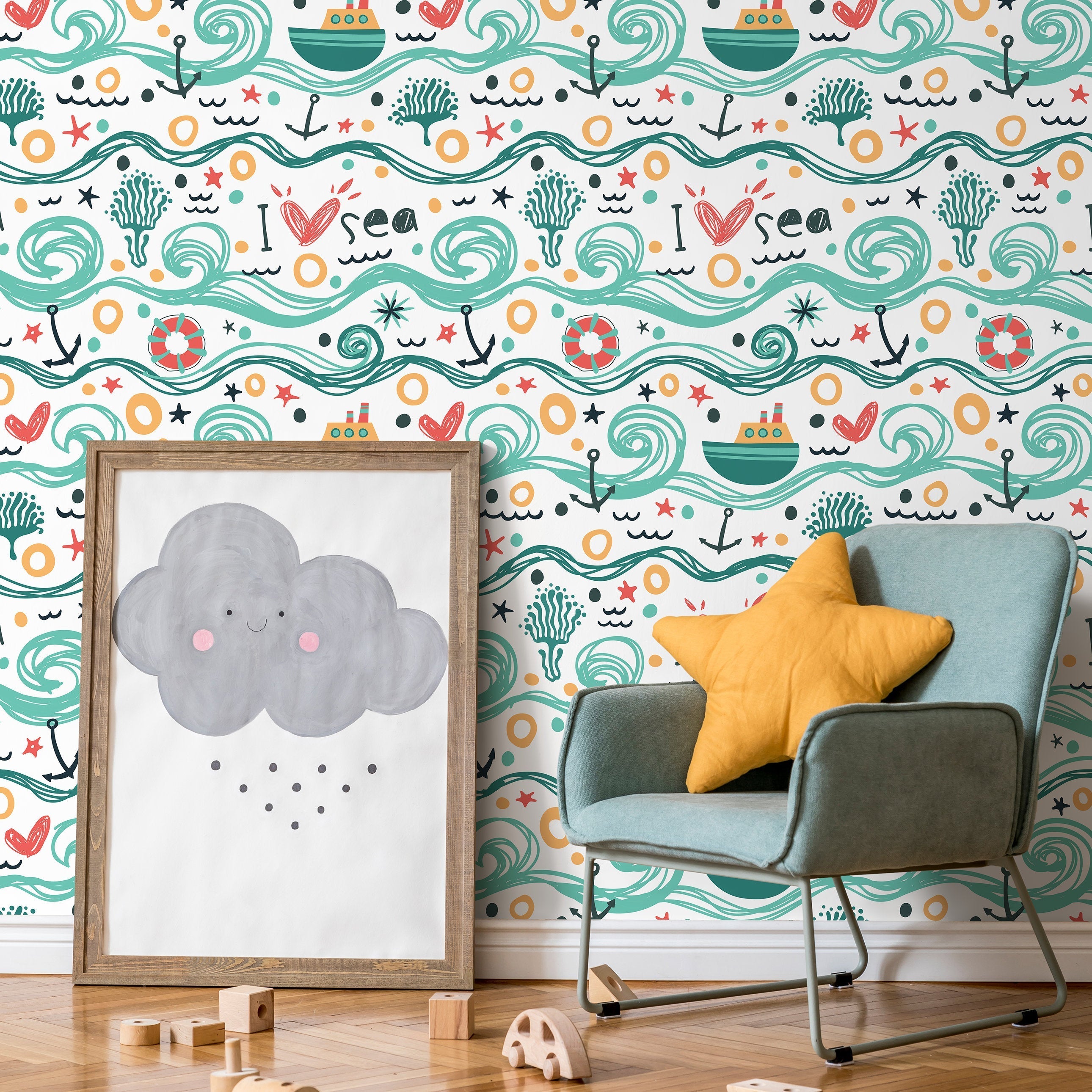 Kids Wallpaper With A Hand-drawn Ocean Motif In Teal, Red, And Yellow - A084