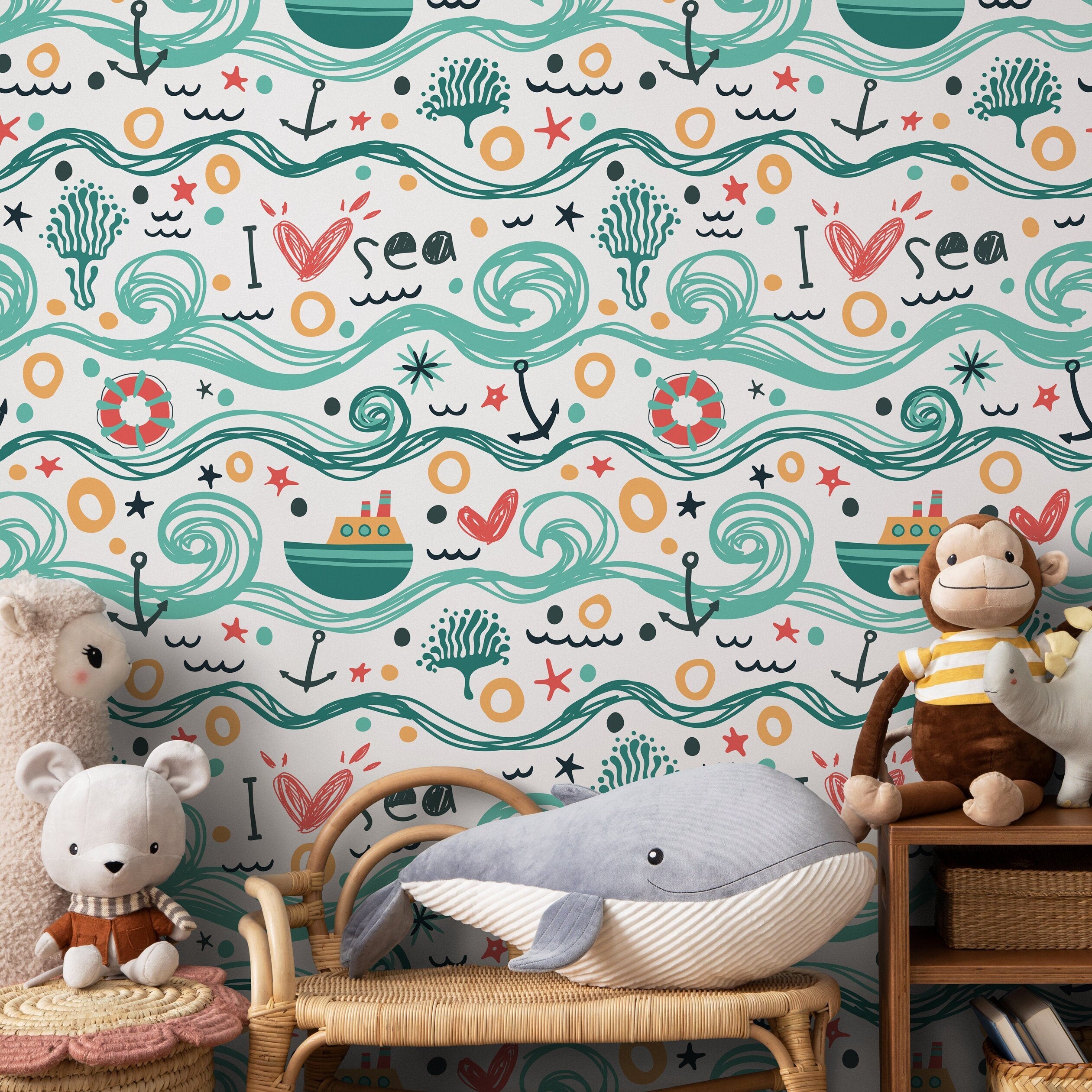 Kids Wallpaper With A Hand-drawn Ocean Motif In Teal, Red, And Yellow - A084