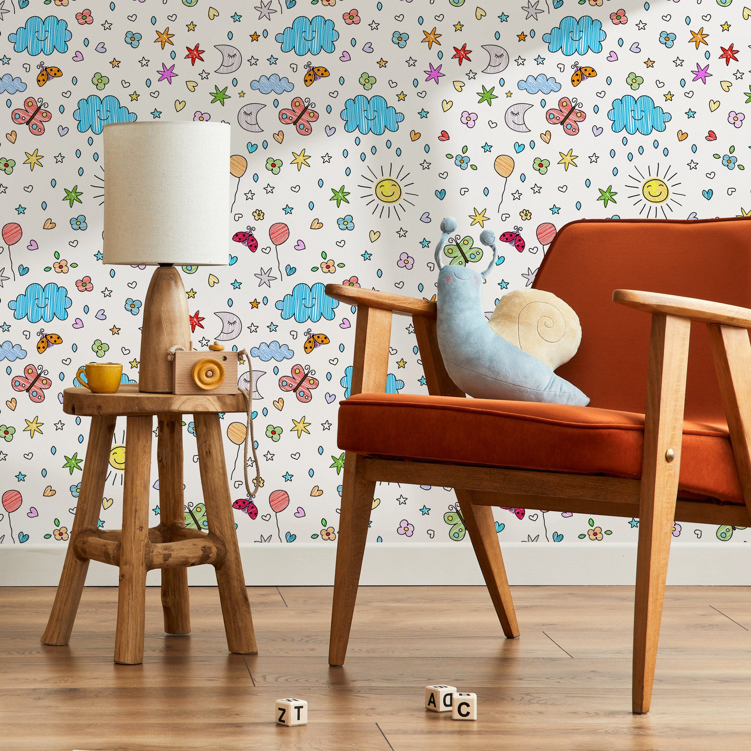 Kids Wallpaper With Hand-drawn Doodles In Blue, Red, And Yellow - A089