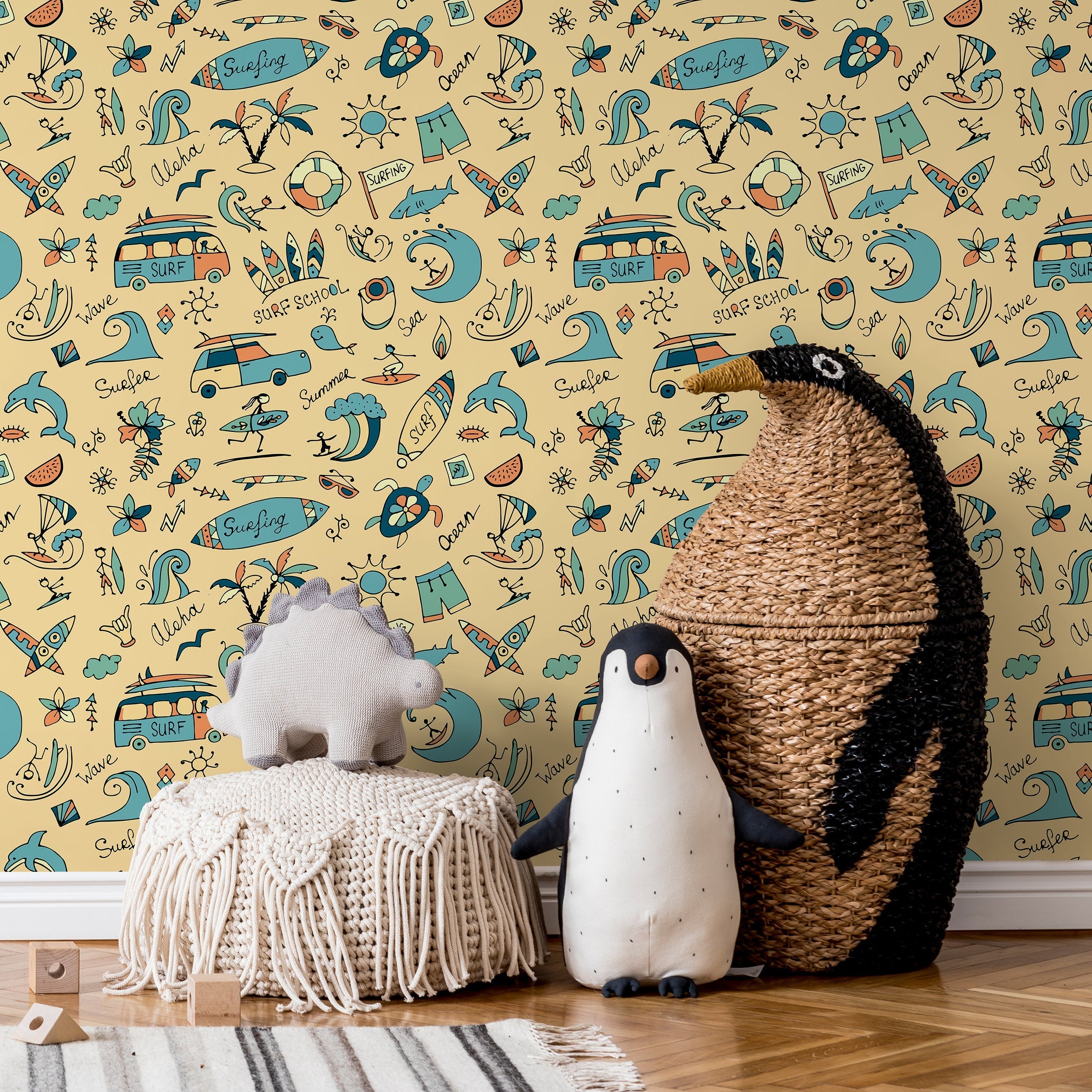 Kids Wallpaper With Hand-drawn Surf Doodles In Blue, Orange, And Beige - A093