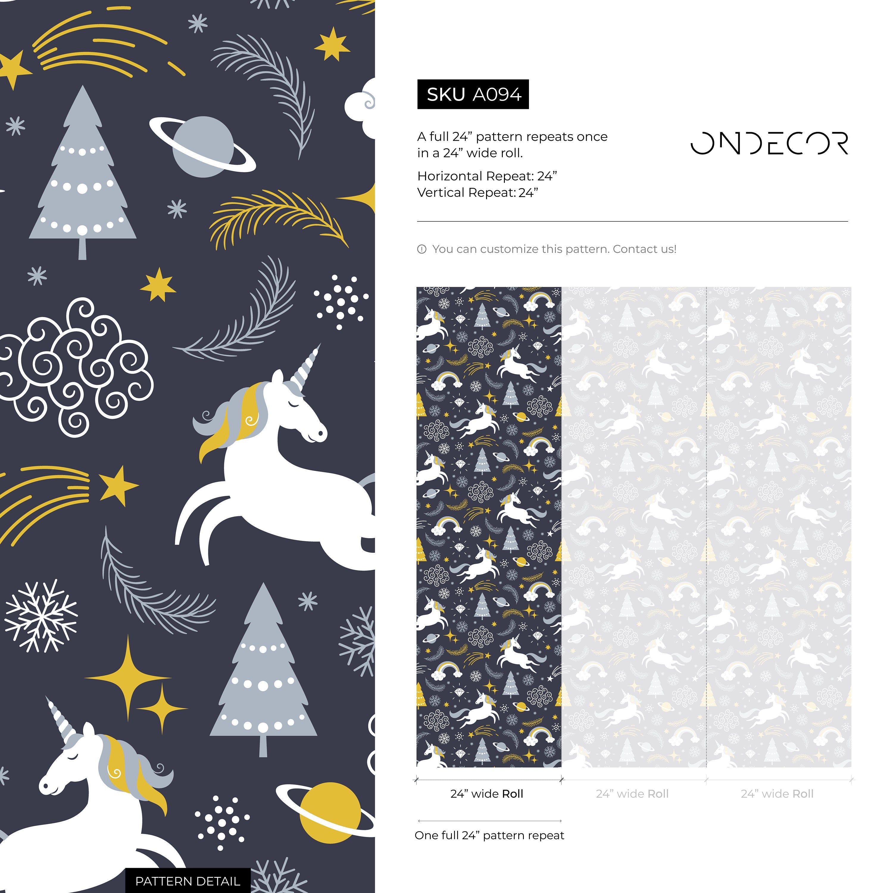 Whimsical Wallpaper With Unicorns And Planets In Navy, Yellow, And Gray - A094