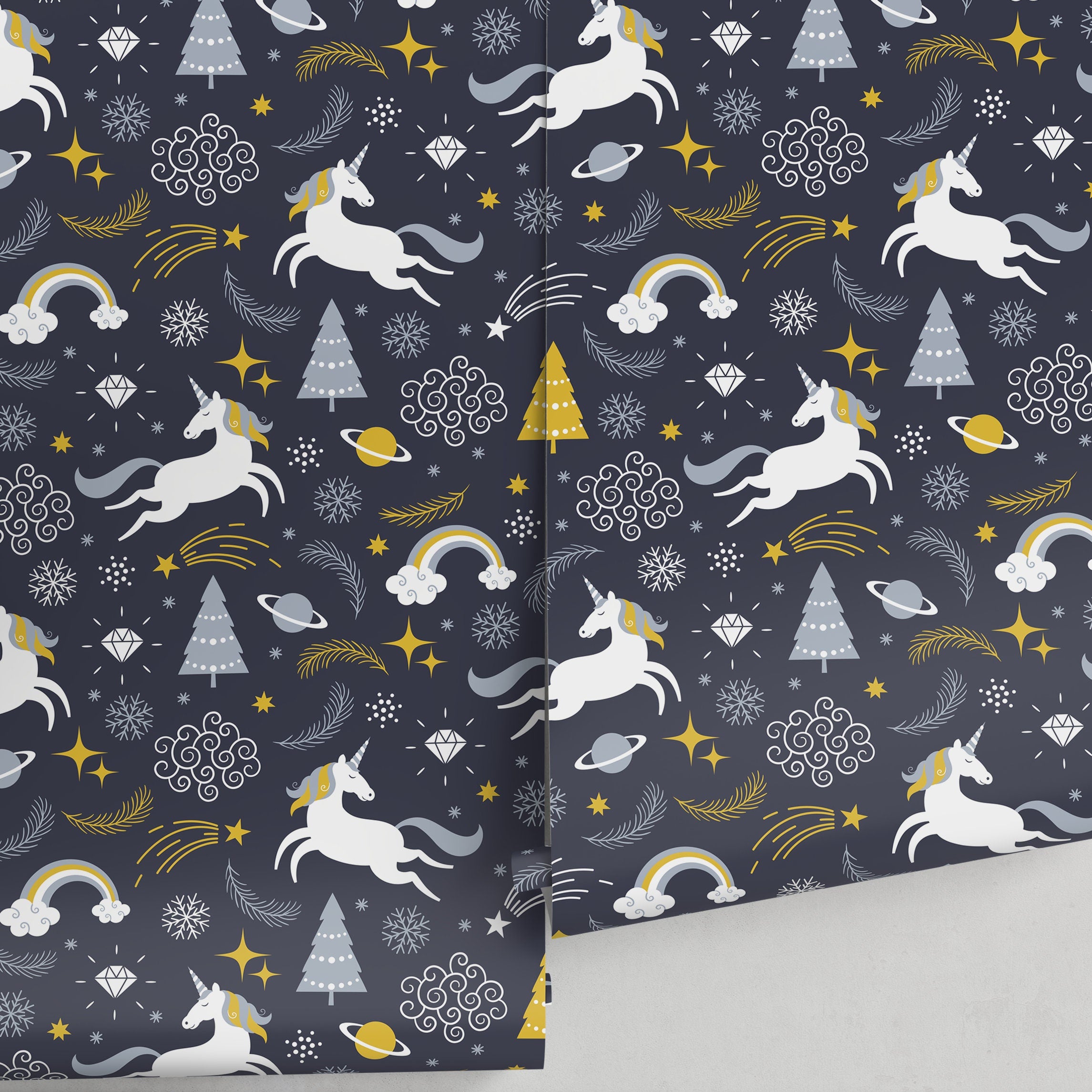Whimsical Wallpaper With Unicorns And Planets In Navy, Yellow, And Gray - A094