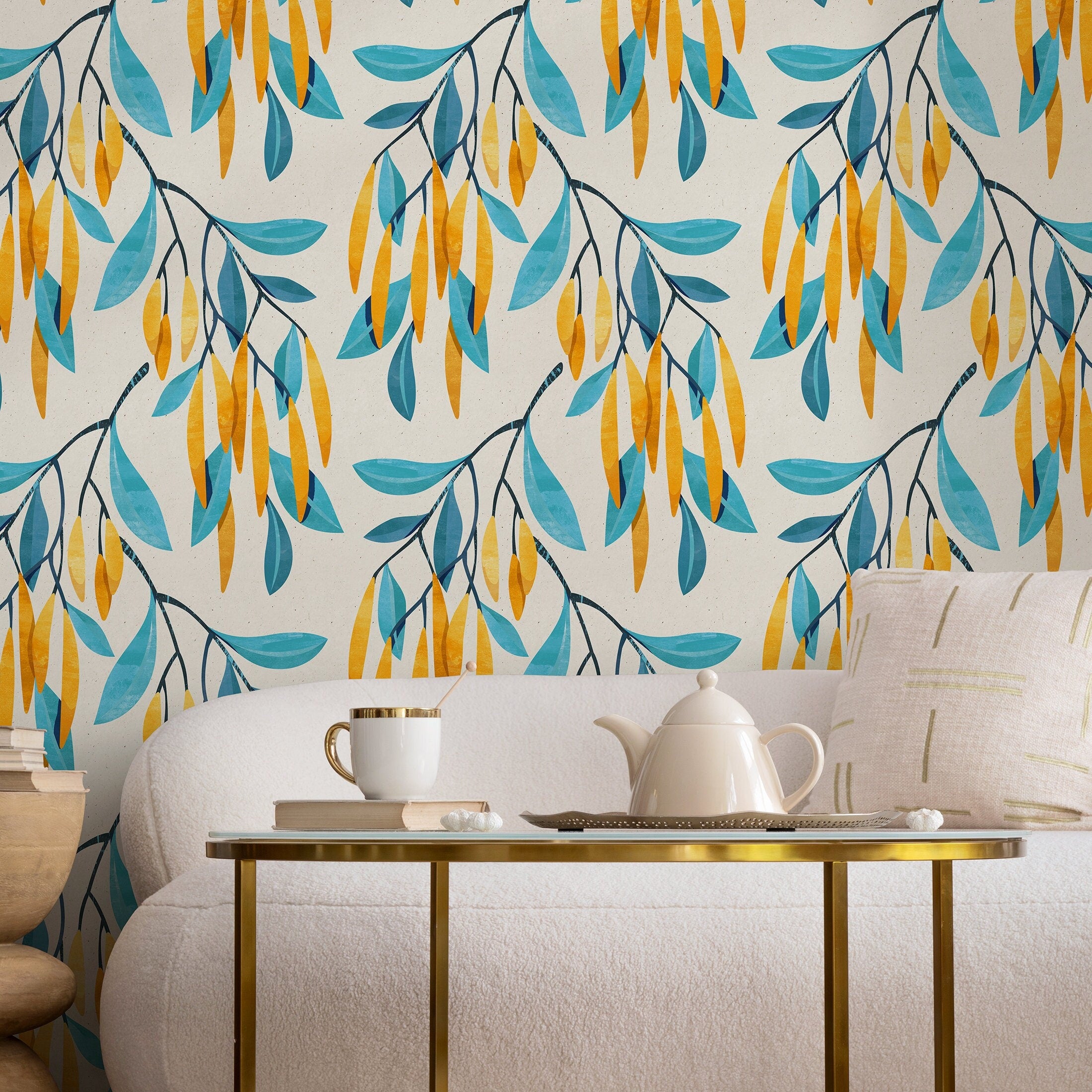 Botanical Wallpaper With Stylized Hanging Leaves In Teal, Yellow, And Blue - A098