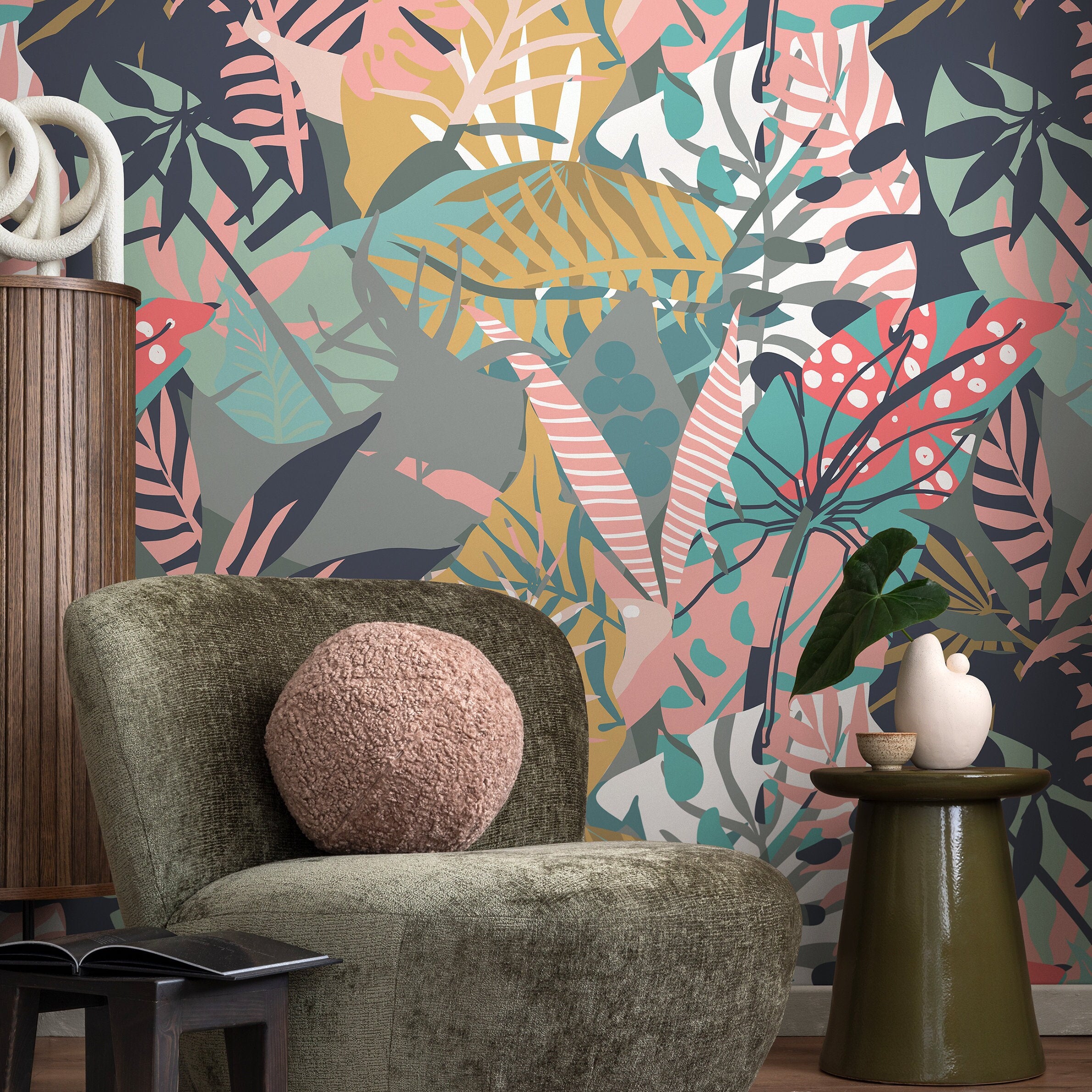 Botanical Wallpaper Featuring Stylized Tropical Leaves In Teal, Pink, And Gold - A712