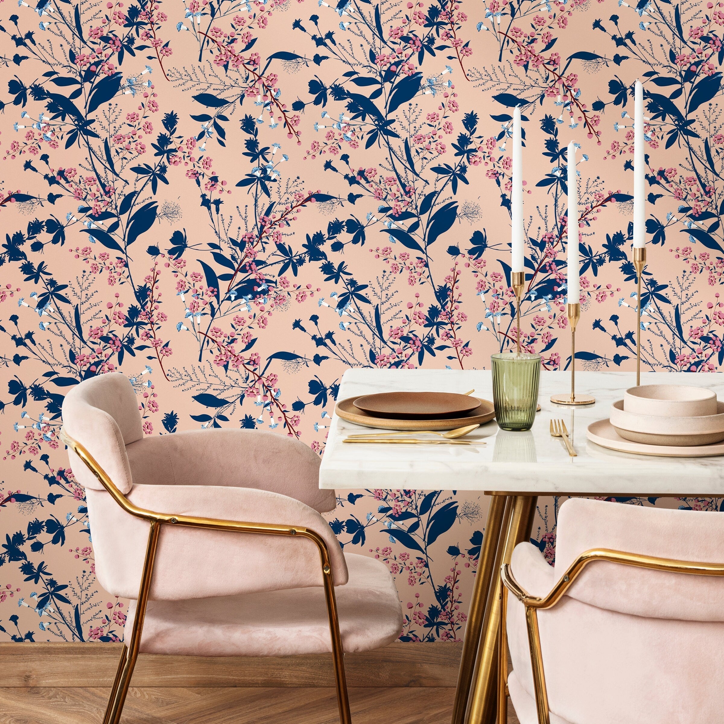 Botanical Wallpaper With Delicate Wildflowers In Navy Blue, Pink, And Beige - A826