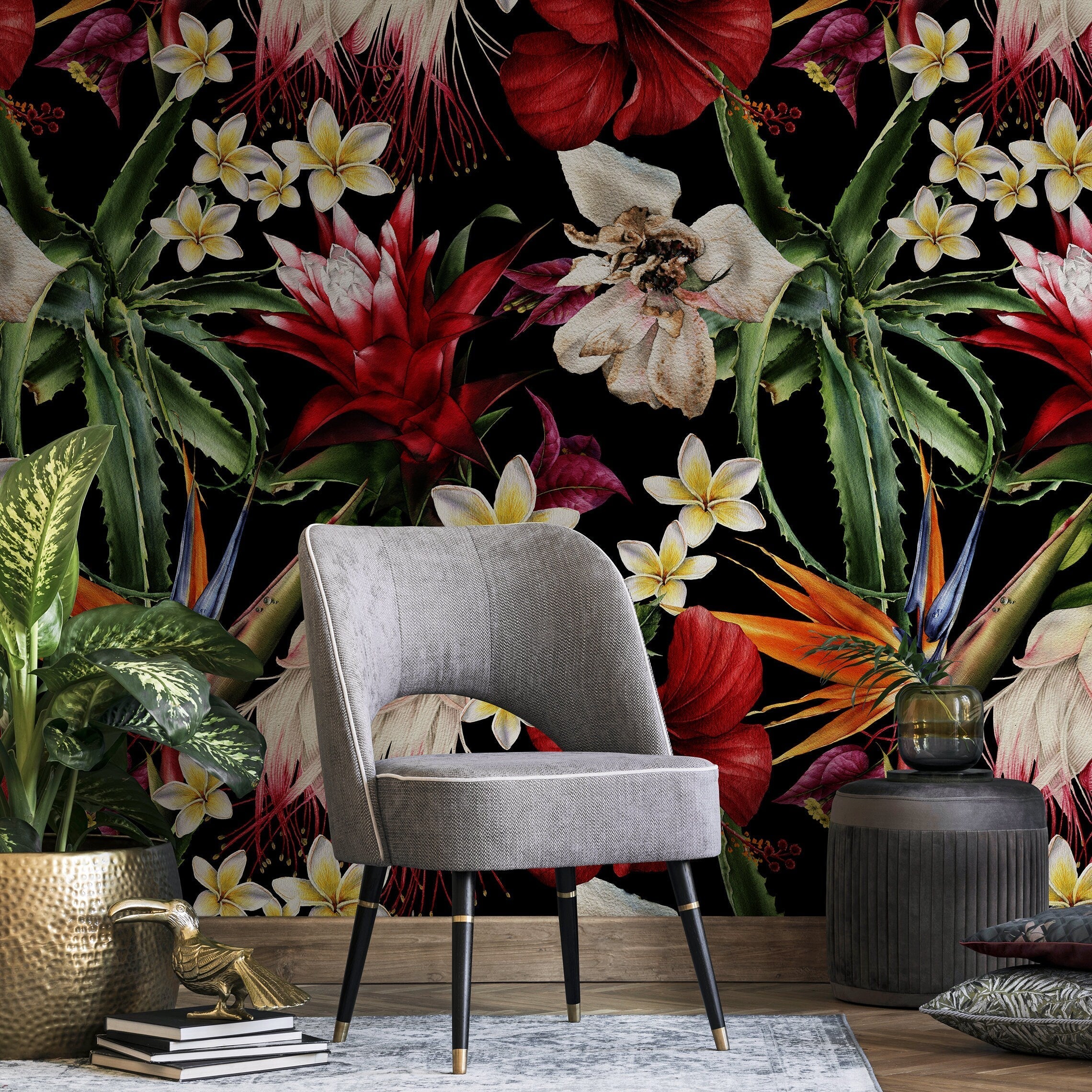 Tropical Wallpaper With Exotic Flowers And Leaves In Red, Orange, And Green - A828