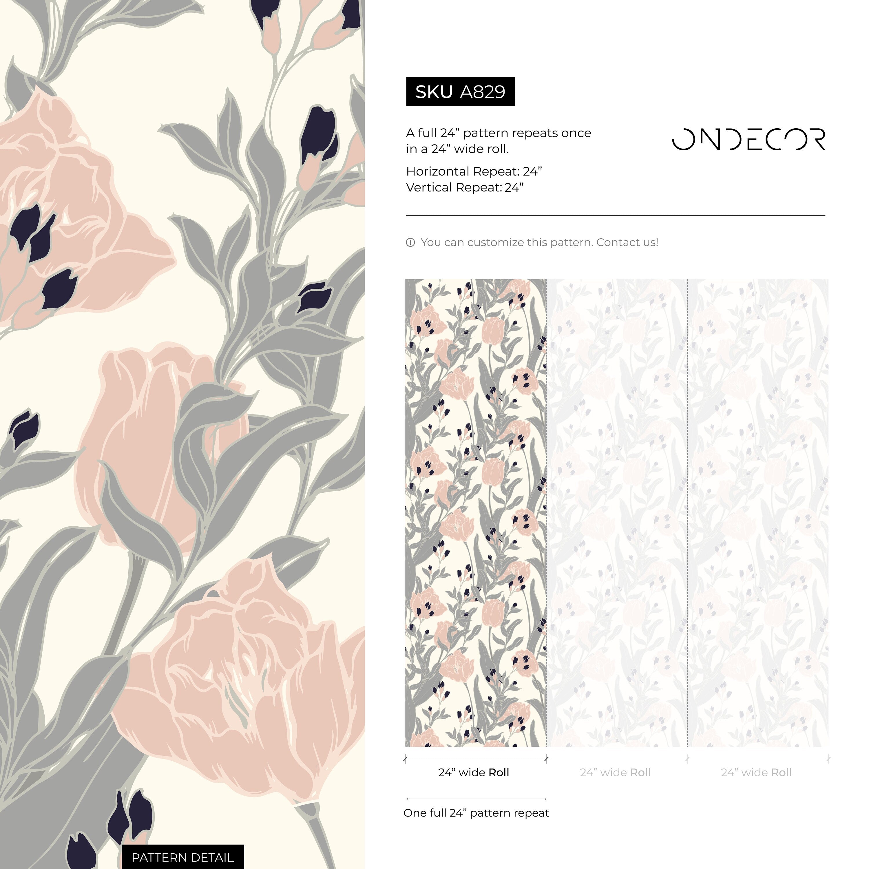 Floral Wallpaper Featuring Stylized Tulips In Pink, Grey, And Blue - A829