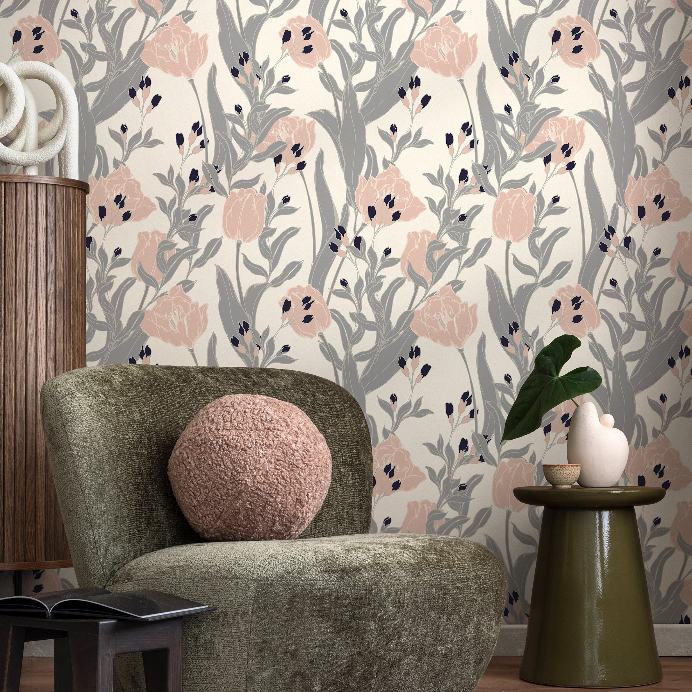 Floral Wallpaper Featuring Stylized Tulips In Pink, Grey, And Blue - A829