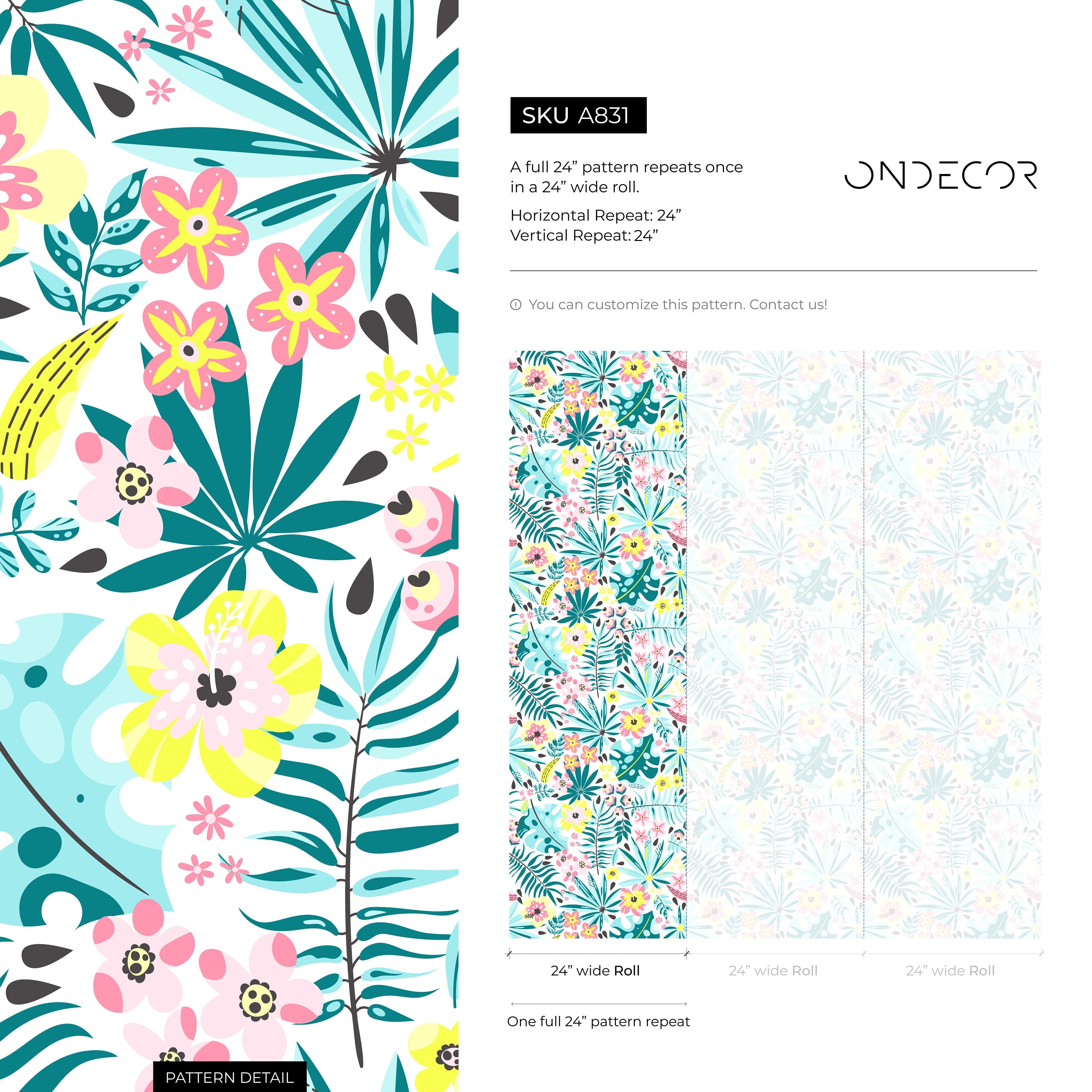 Botanical Wallpaper With Tropical Flowers In Teal, Pink, And Yellow - A831