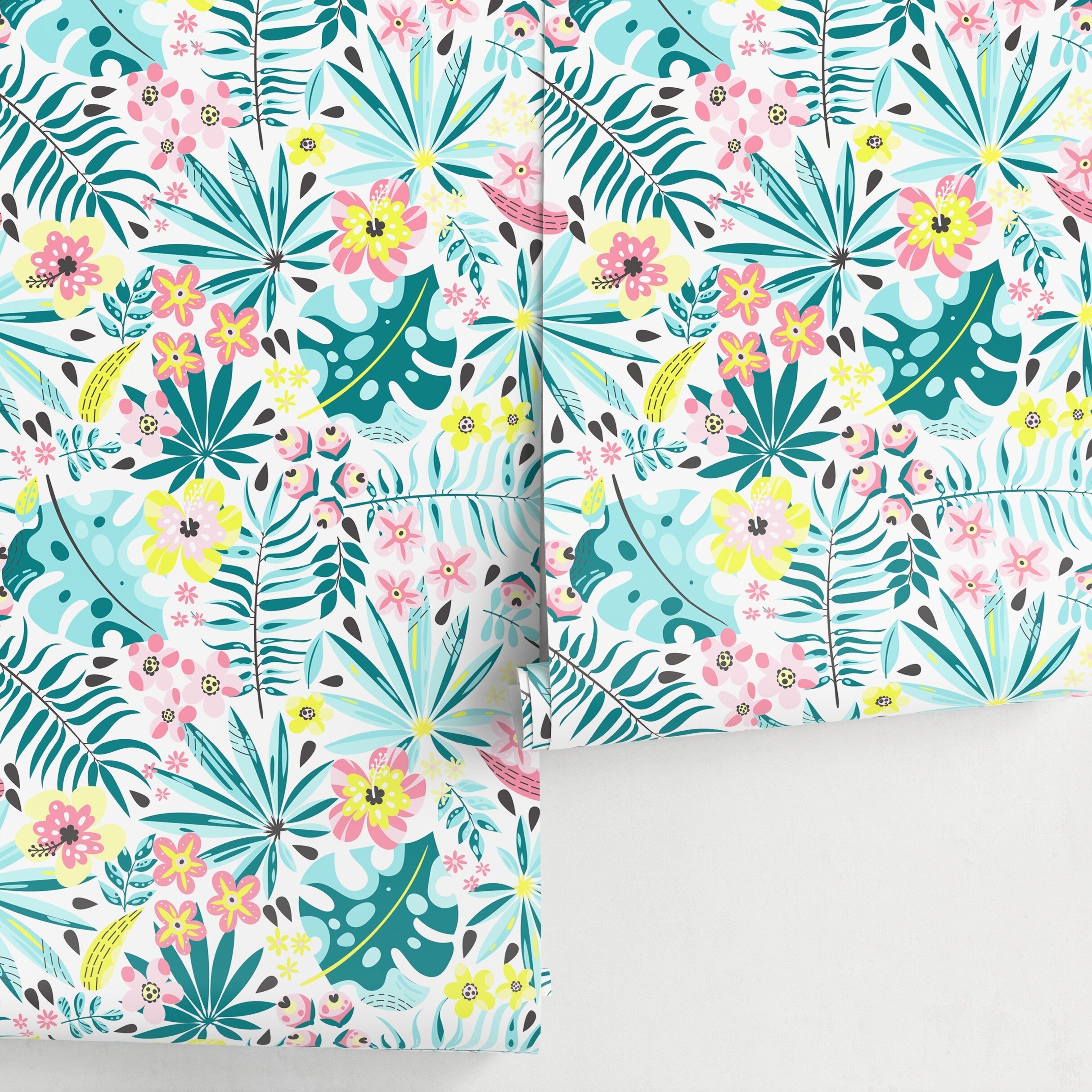Botanical Wallpaper With Tropical Flowers In Teal, Pink, And Yellow - A831