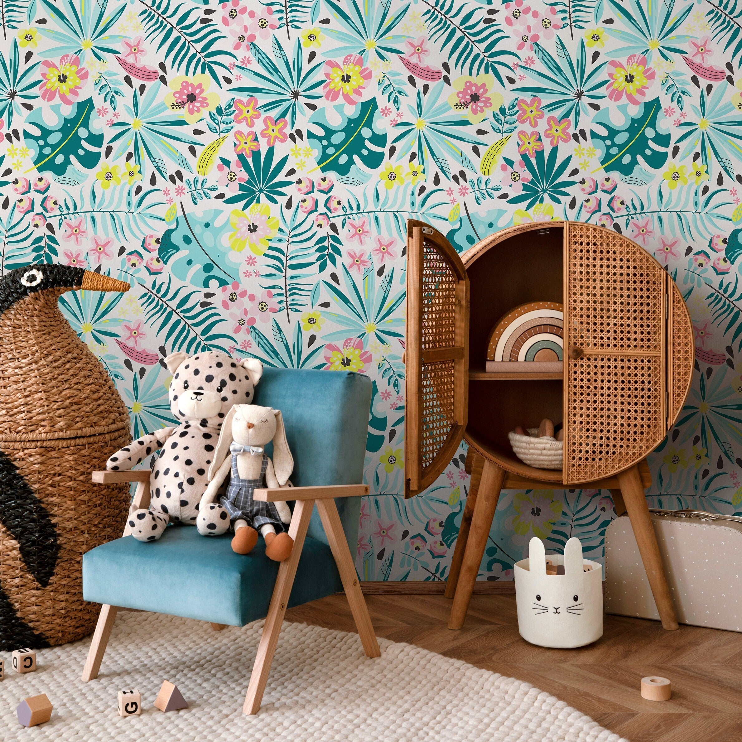 Botanical Wallpaper With Tropical Flowers In Teal, Pink, And Yellow - A831