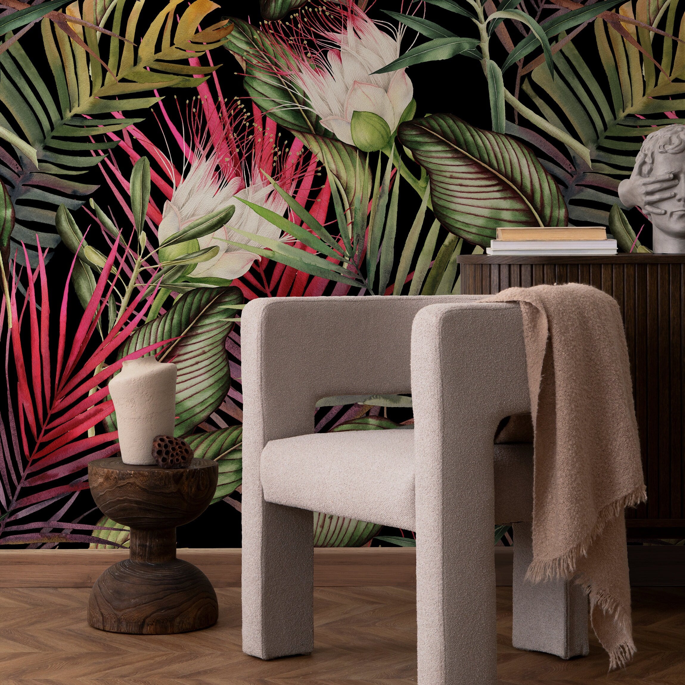 Tropical Wallpaper With Lush Jungle Foliage In Black, Green, And Pink - A835