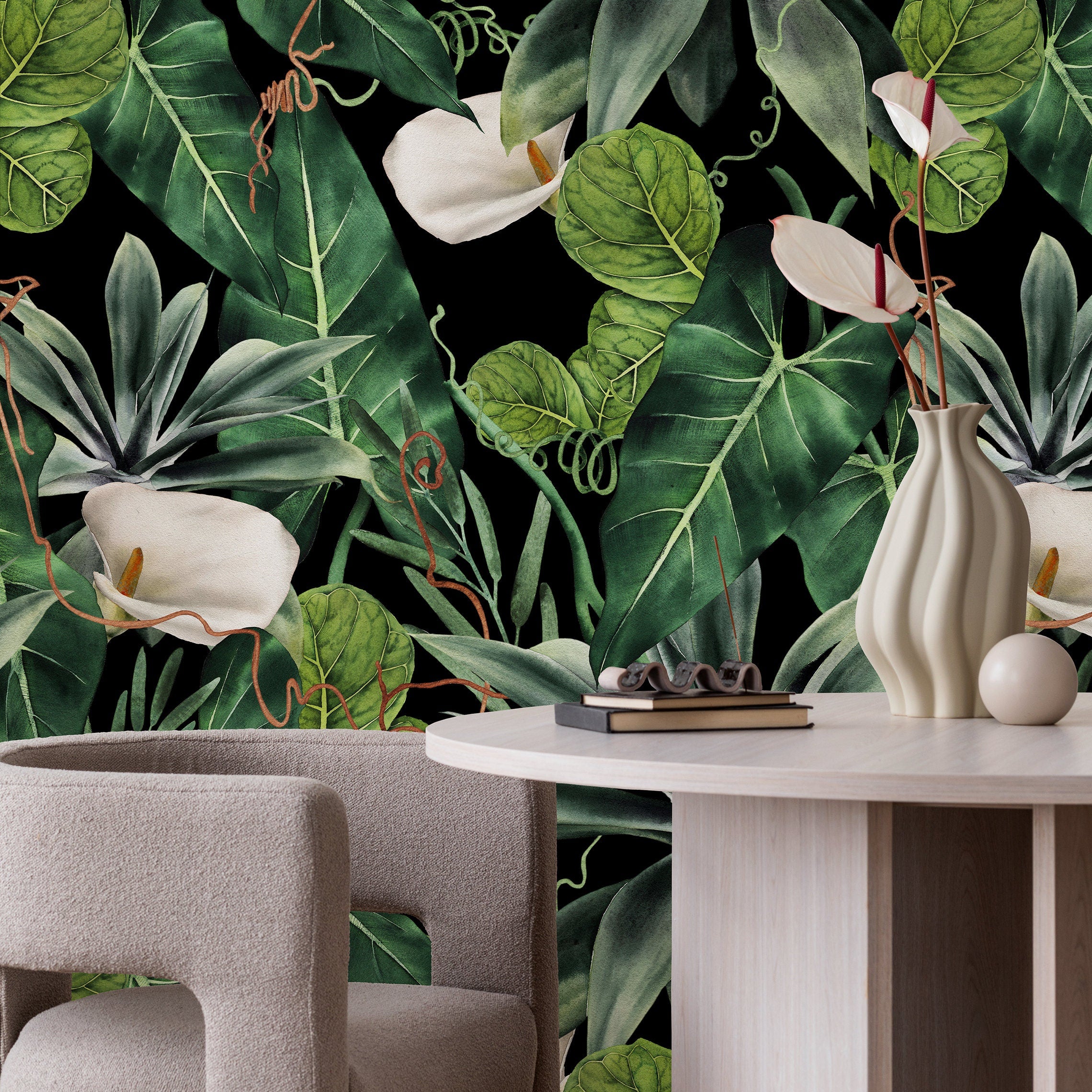 Botanical Wallpaper With Calla Lilies And Lush Leaves In Green, White, And Black - A843