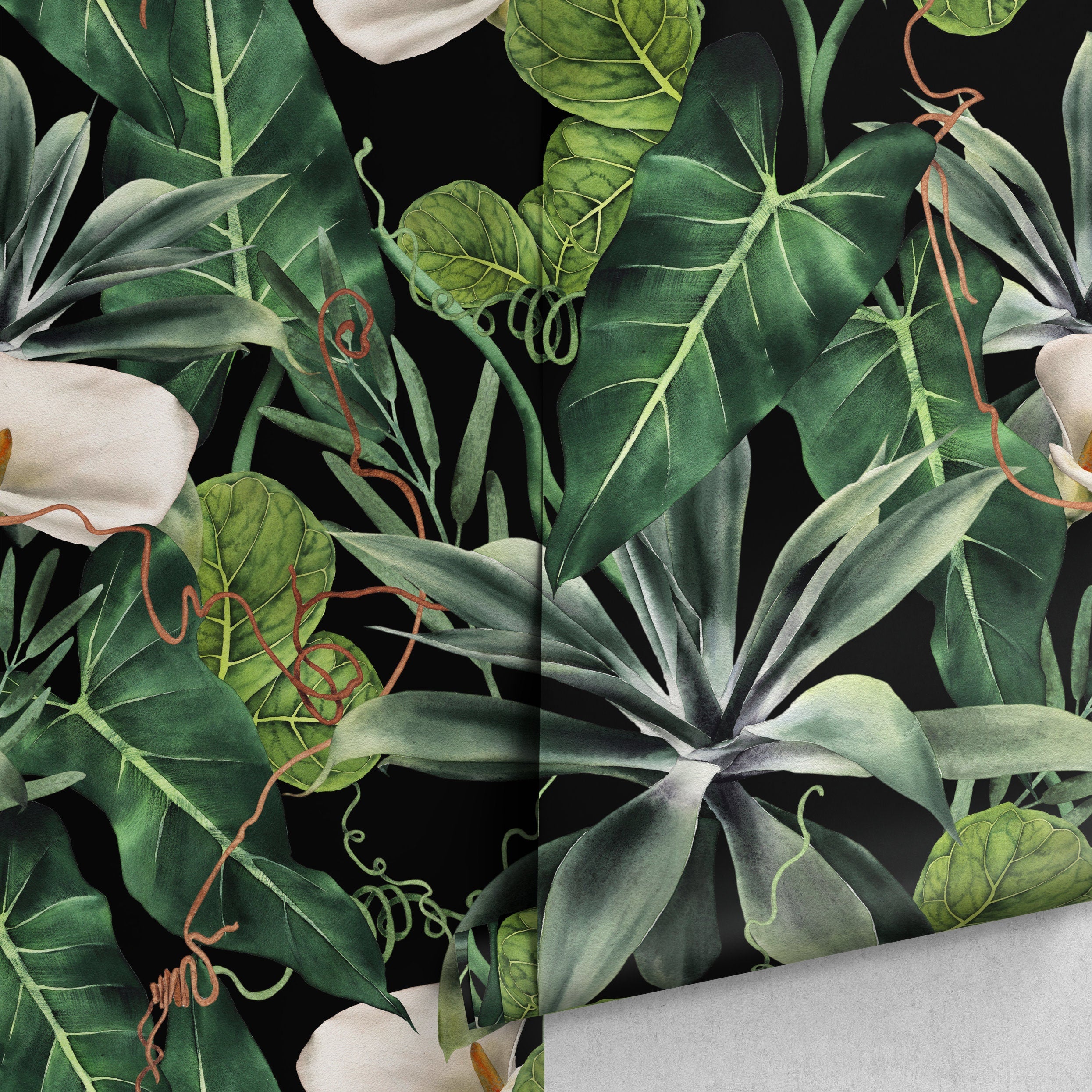 Botanical Wallpaper With Calla Lilies And Lush Leaves In Green, White, And Black - A843