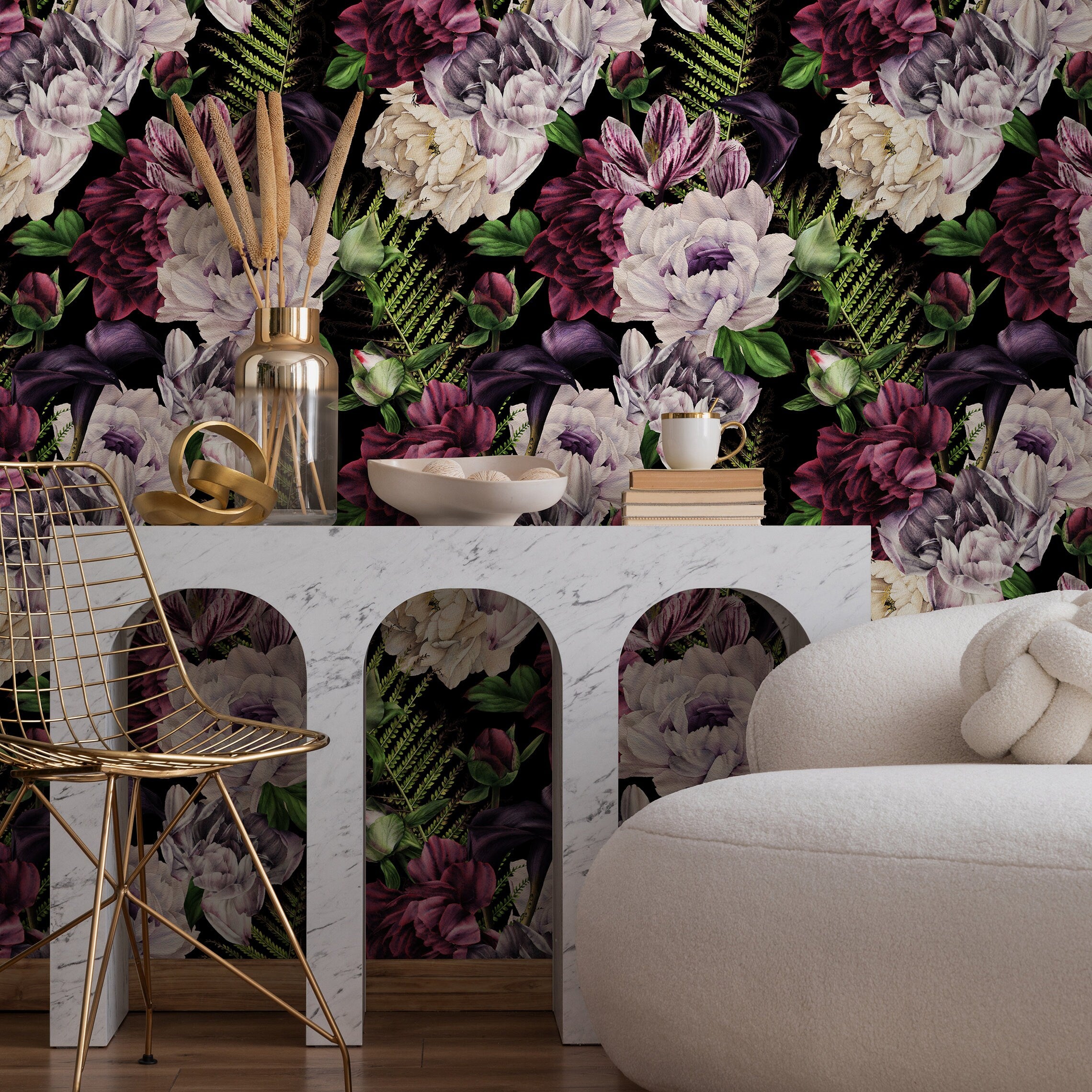 Floral Wallpaper Featuring Large Peonies In Purple, White, And Green - A851