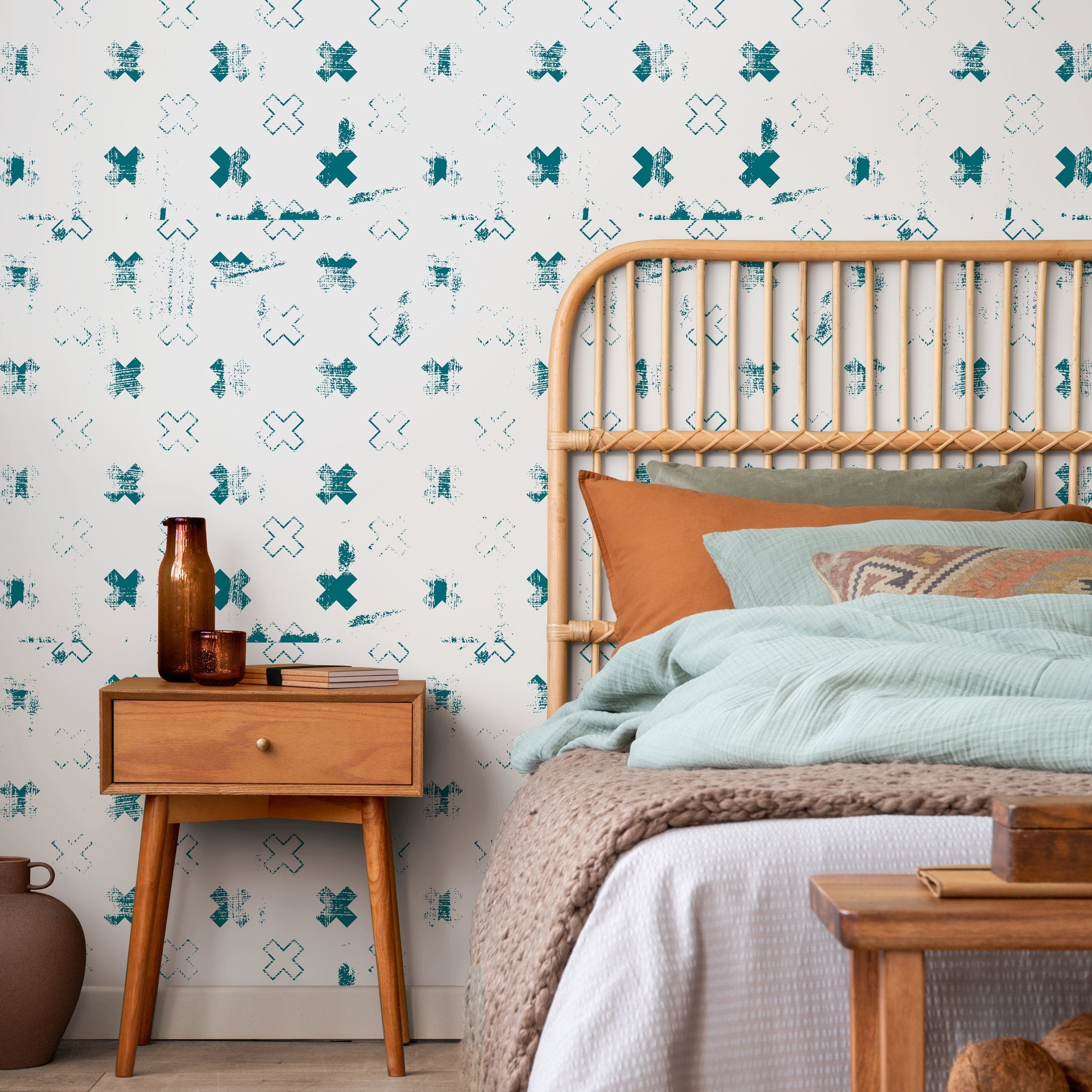 Geometric Wallpaper With A Distressed Cross Motif In Teal - A852