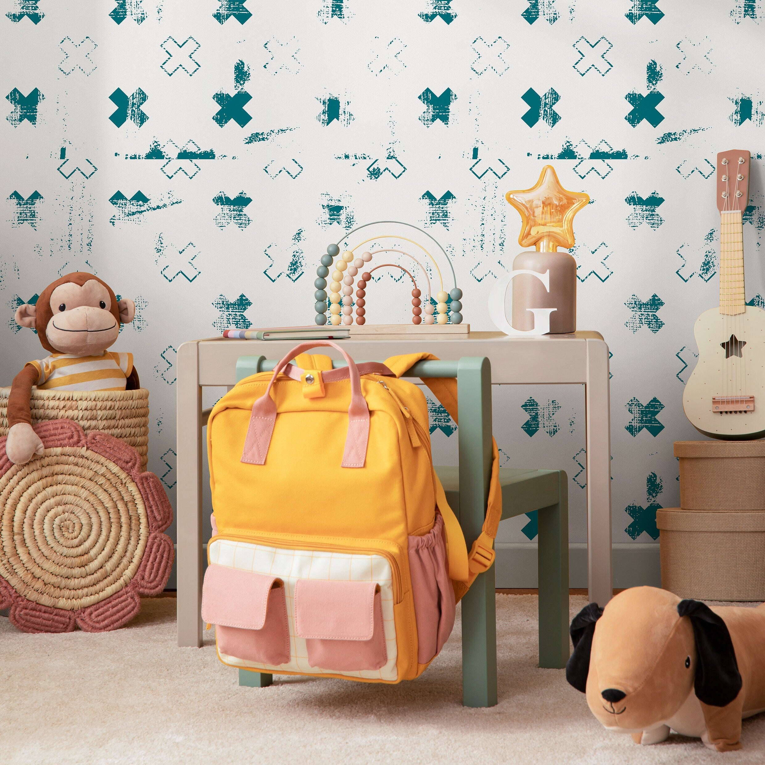 Geometric Wallpaper With A Distressed Cross Motif In Teal - A852